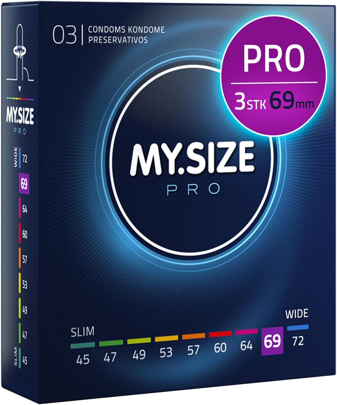 MY.SIZE Kondome PRO ELITE Kondome, 9 Größen, 45-72 mm, Schlank-XXXXL, Extra reines Vytex-Latex, leicht zu öffnen, hauchdünn 0,05mm