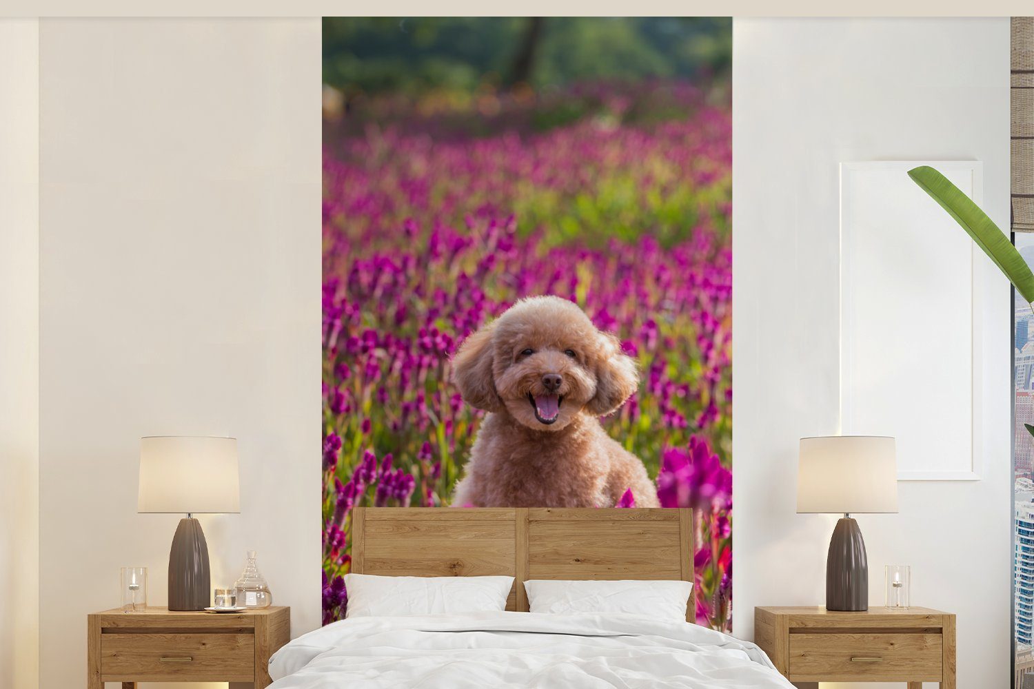MuchoWow Hund Schlafzimmer - bedruckt, Vliestapete (2 - Küche, Wohnzimmer Fototapete Fototapete St), für Lavendel Blumen Frühling, - Matt,