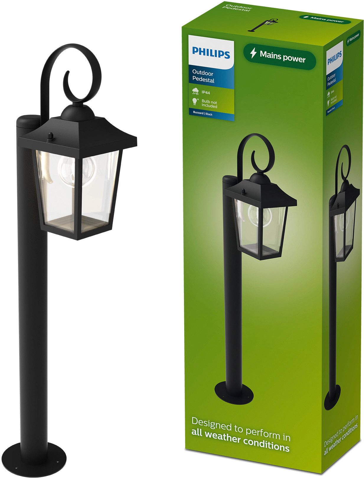 Philips LED Sockelleuchte Outdoor Buzzard, ohne Leuchtmittel, ohne E27-Leuchtmittel, IP44, schwarz