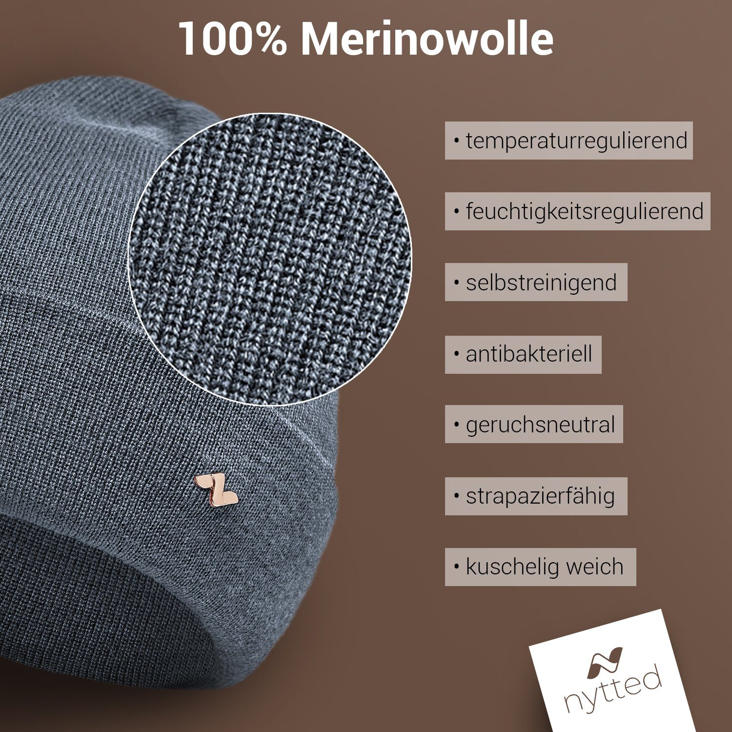 NYTTED® Beanie - 100% in hellgrau für Germany Made & Merino-Wolle - - Wintermütze Damen Herren