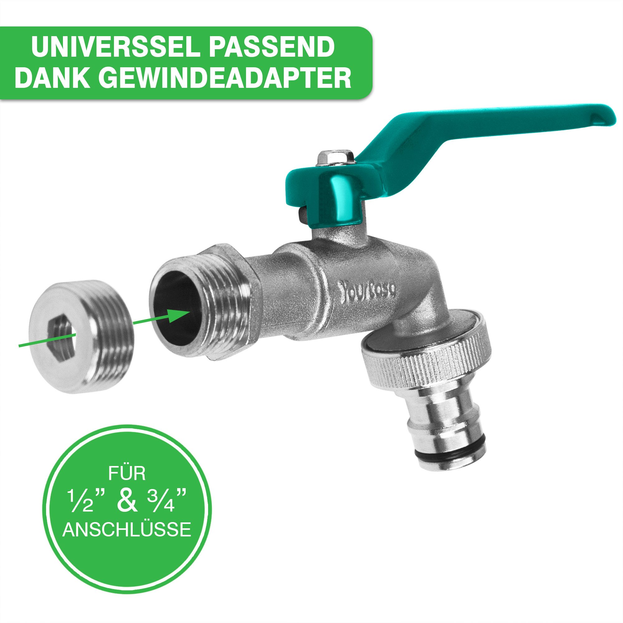 YourCasa Absperrventil Wasserhahn Garten 1/2 Zoll & 3/4 Zoll aus Messing, Messing, Schnellkupplung, Adapter auf 3/4 Zoll – Bild 3 von 5