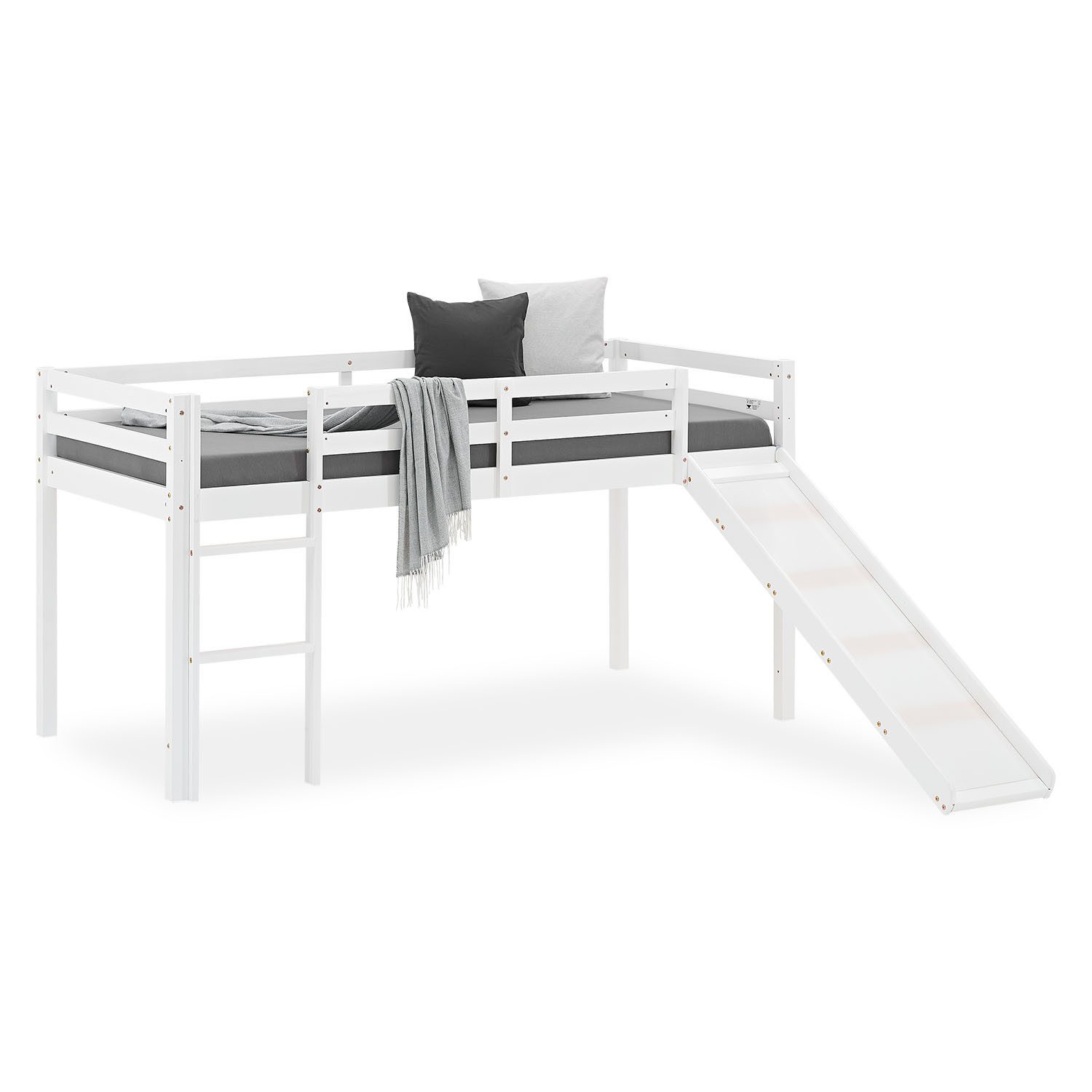Homestyle4u Hochbett 90x200 Kinderbett Rausfallschutz Grau/Weiß Kinder Leiter Treppe (Set, mit Rutsche, ohne Vorhang) Kiefer