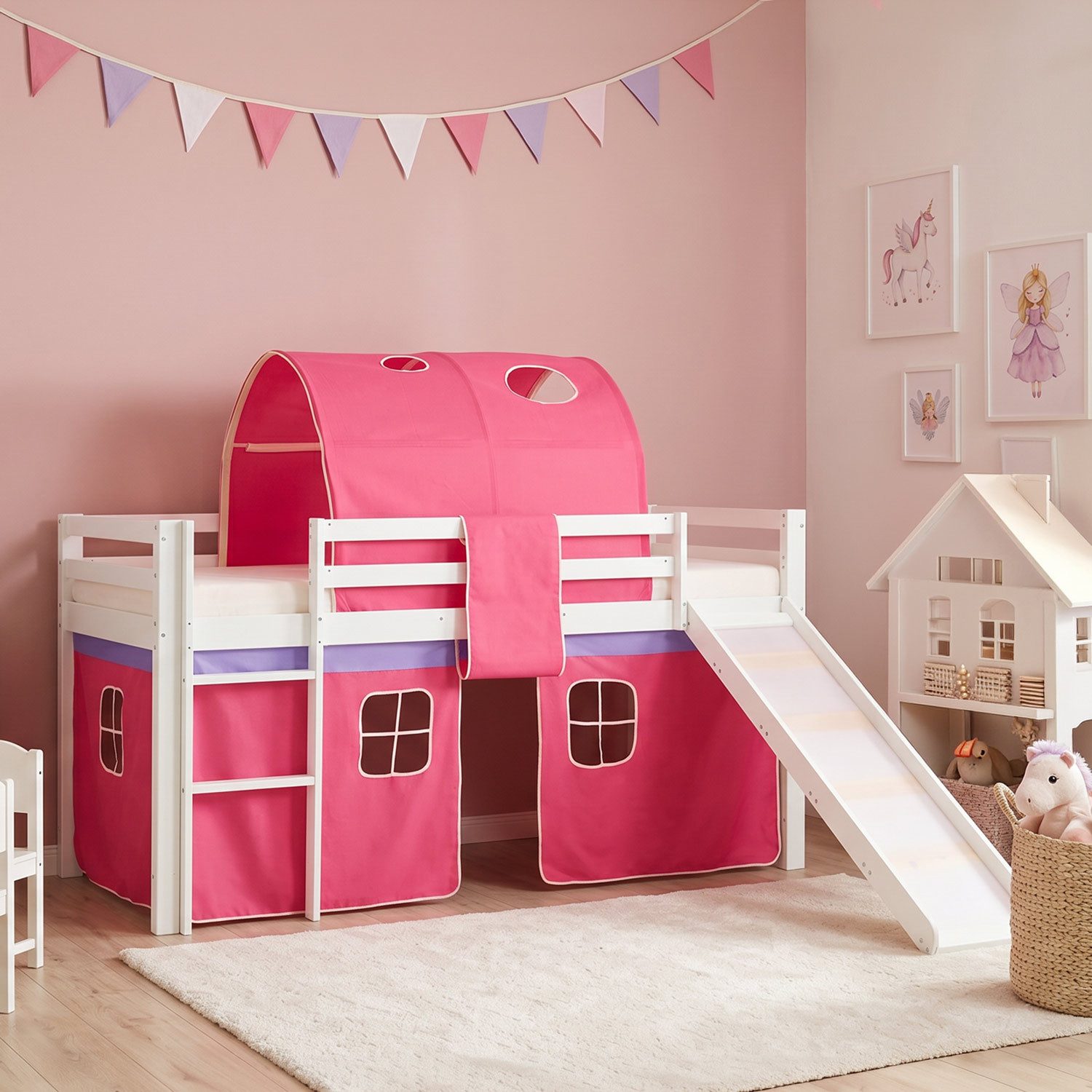 Homestyle4u Hochbett Kinder mit / ohne Matratze mit / ohne Rutsche 90x200 Vorhang Mädchen (Set, mit Tunnel, mit Rutsche, Spielbett) Kiefer
