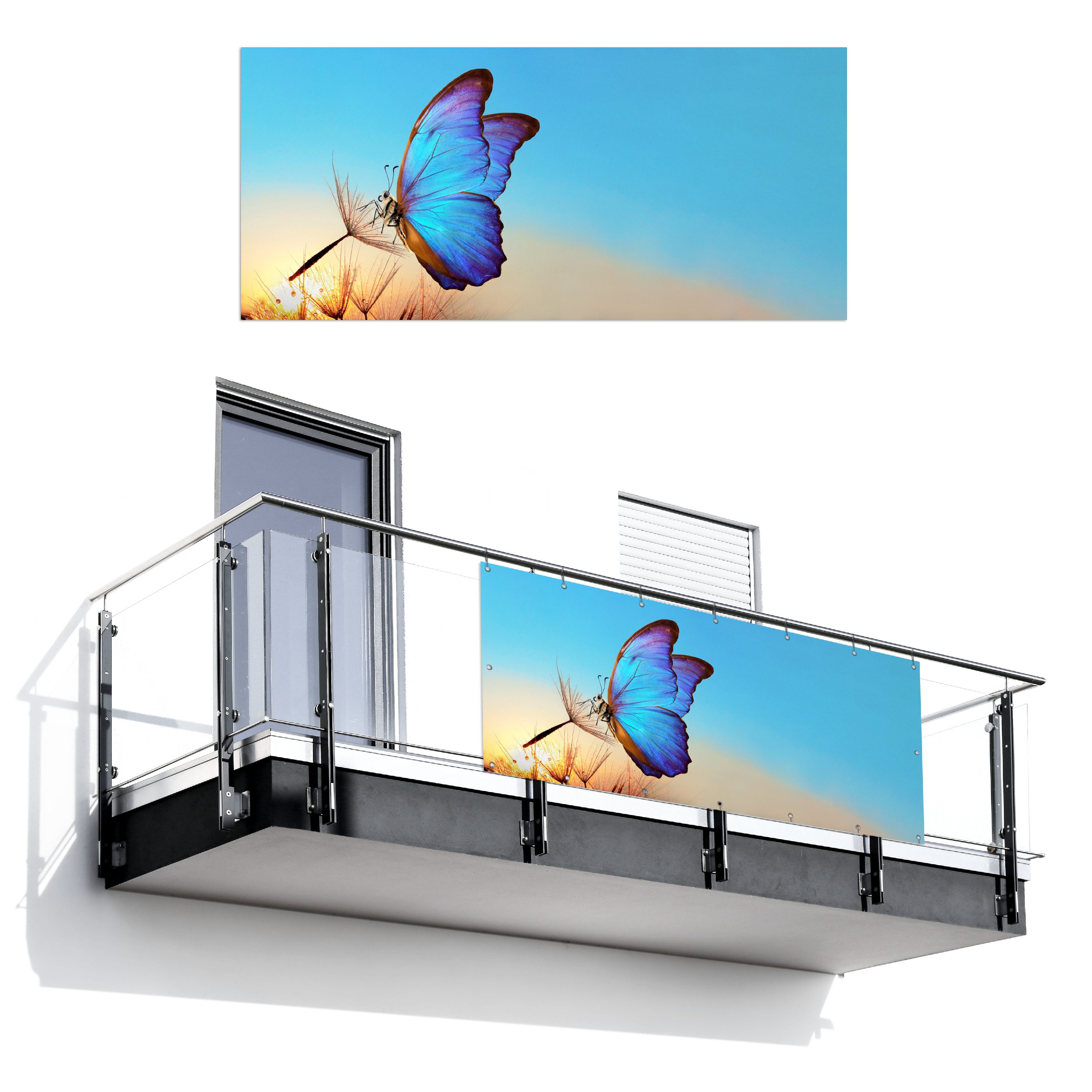 MuchoWow Balkonsichtschutz Schmetterling - Löwenzahn - Blau (1-St) Balkon Sichtschutz 90x200, Windschutz für Zaun PVC, 200x90 cm