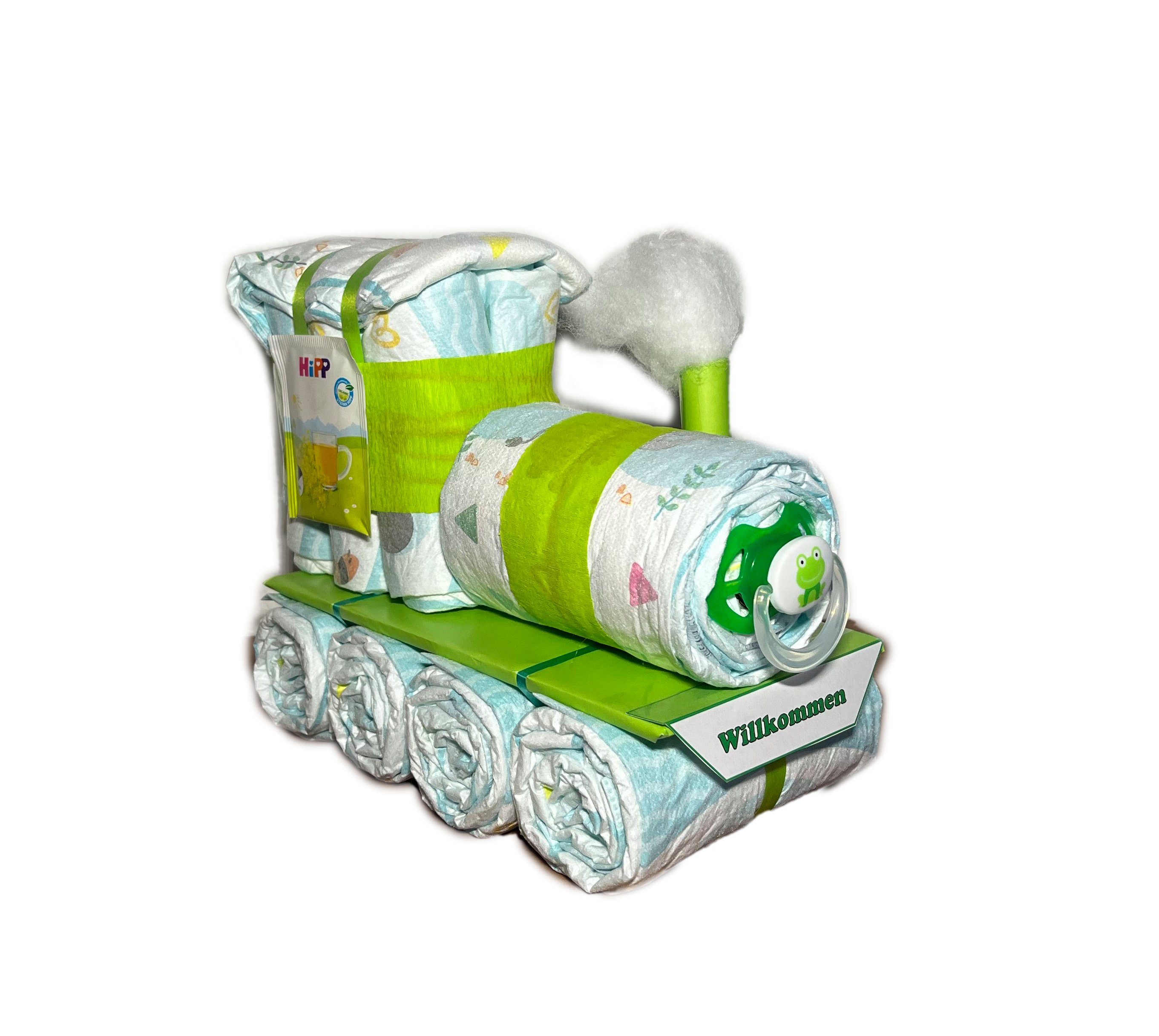 Geschenketorten-Gebhardt Windeln Windeltorte, Kleine Windellokomotive - Windelzug - Windellok grün