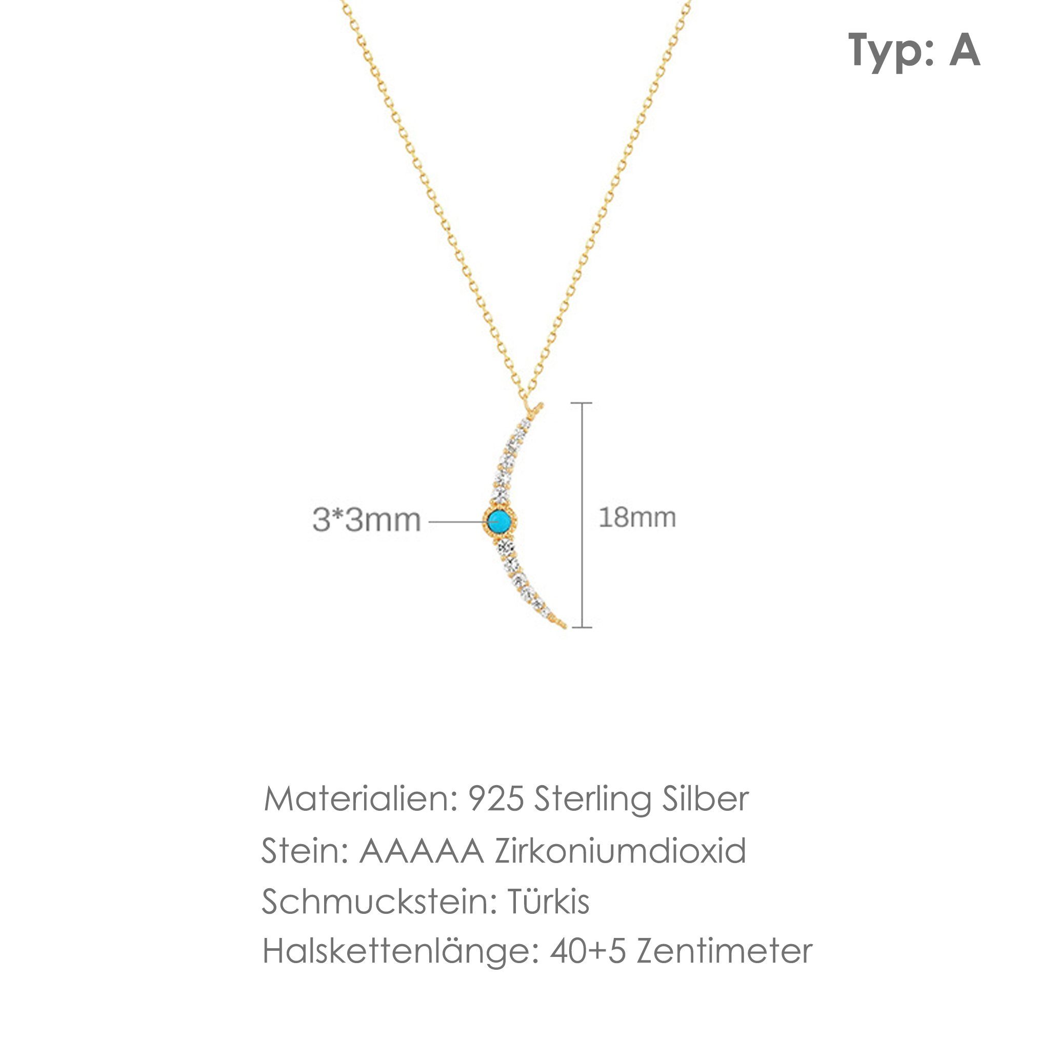 GOLDEN 925 Charm-Kette Halskette, Sterling Türkise Halskette minimalistische Mond Silber