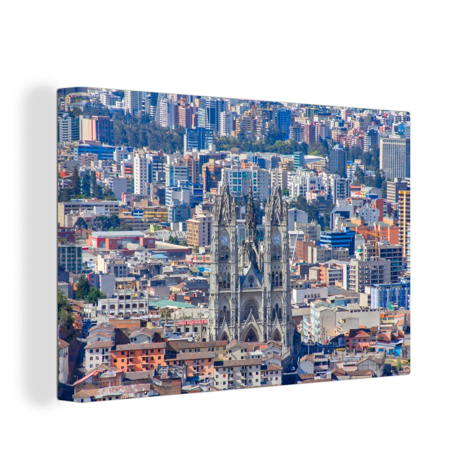 OneMillionCanvasses® Leinwandbild Die Häuser und eine Kathedrale in Quito in Ecuador, (1 St), Wandbild Leinwandbilder, Aufhängefertig, Wanddeko, 30x20 cm