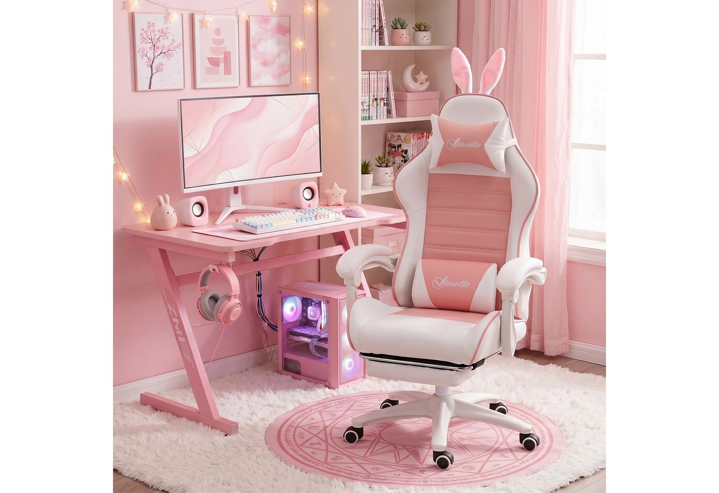 Vinsetto Gaming-Stuhl Gamer Stuhl ergonomisch PC Stuhl mit Lendenwirbelstütze, Fußstütze (Bürostuhl, 1 St), mit verstellbar Liegefunktion, Rosa