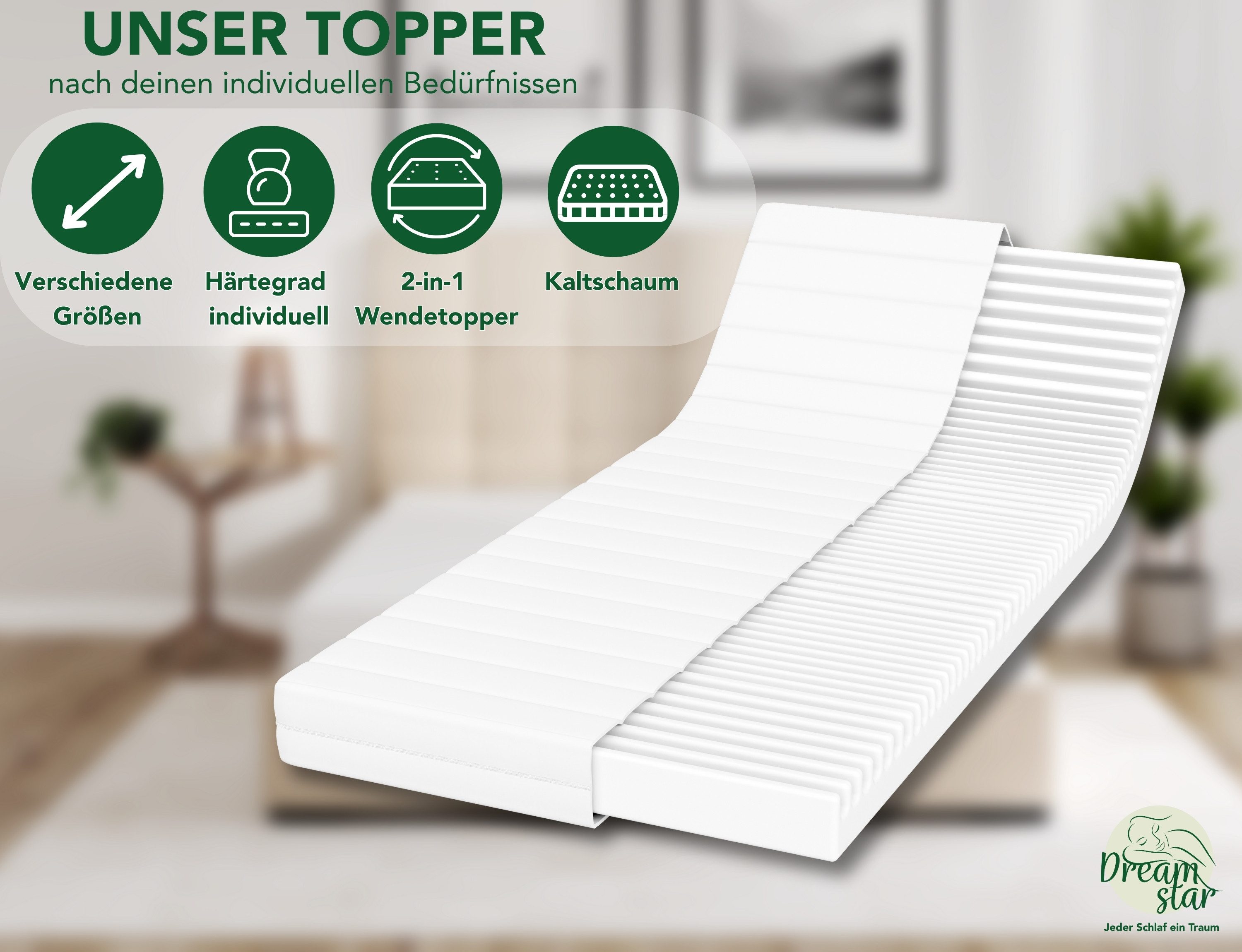 Dreamstar, Topper Easy Flex, ergonomischer 7-Zonen Matratzentopper zum Wenden, 10 cm hoch, Duo Härtegrad H2 und H3, verschiedene Größen, Komforthöhe 10 cm