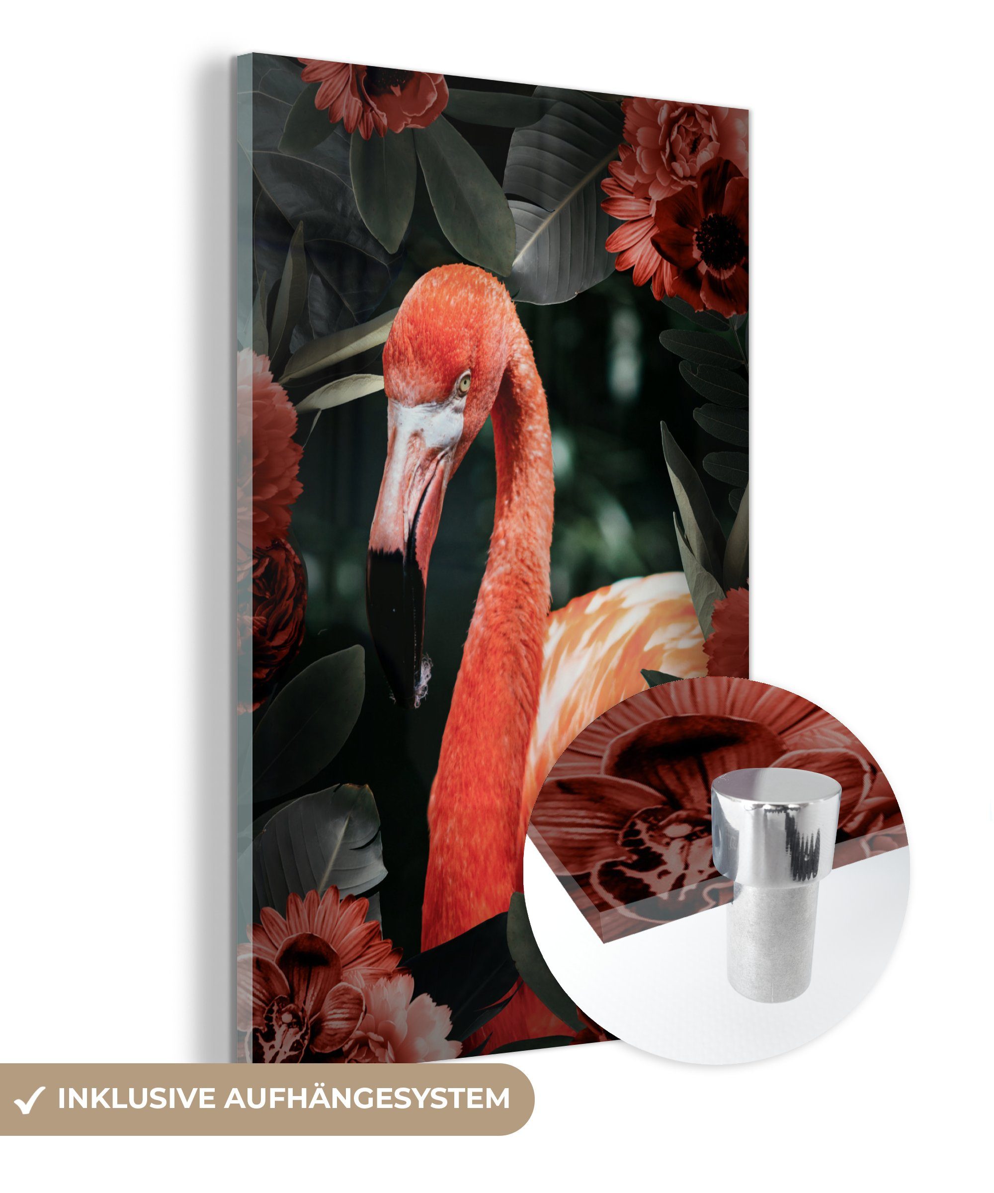 MuchoWow Acrylglasbild Flamingo - Rot - Blume, (1 St), Glasbilder - Bilder auf Glas Wandbild - Foto auf Glas - Wanddekoration bunt