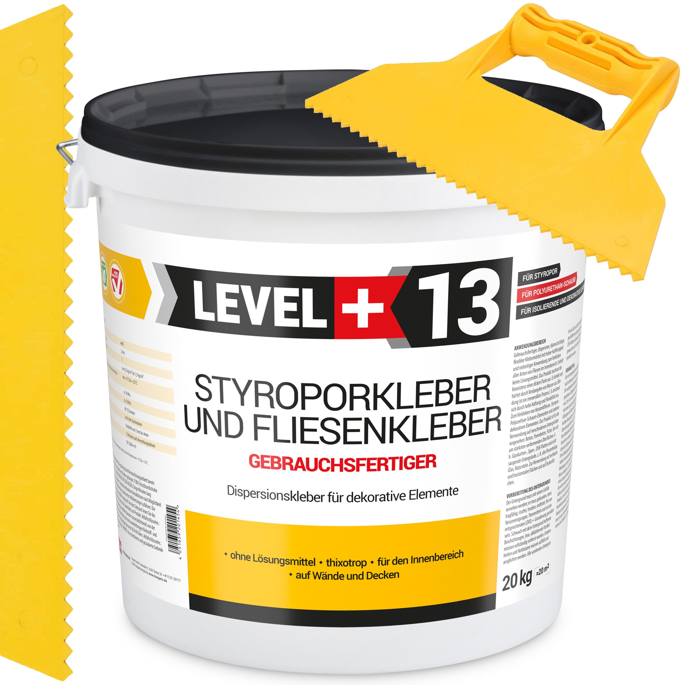 Level+ Dispersionskleber Styroporkleber Dispersionkleber Deckenplatten L+13 - 20KG + Spachtel