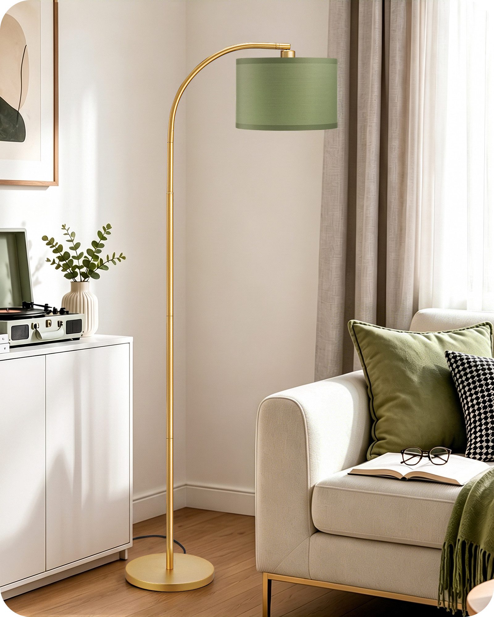 EDISHINE Stehlampe Wohnzimmer, mit E27 LED-Glühbirne, warmweiß, 161cm Bogenlampe mit Leinen-Lampenschirm