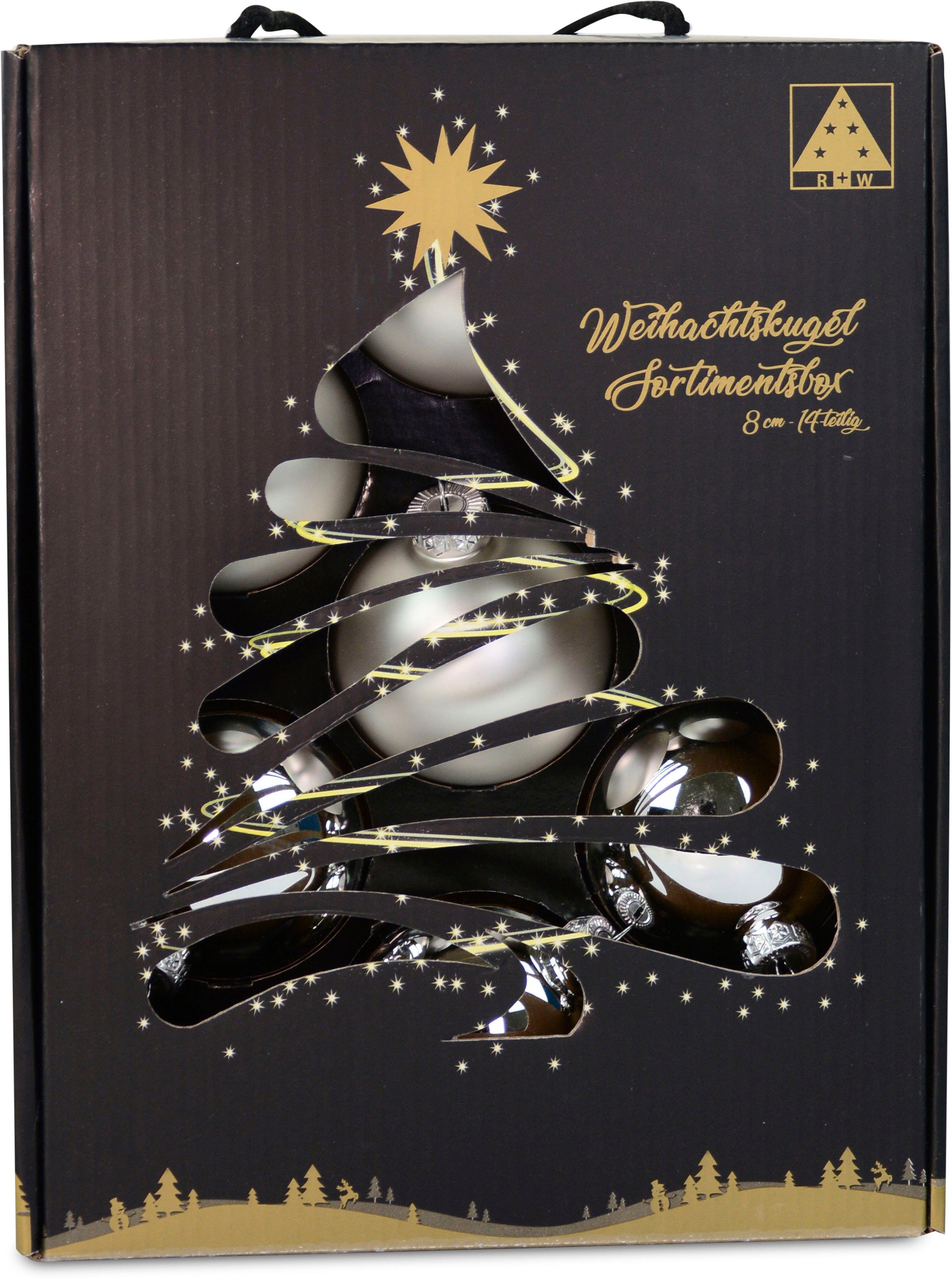 RIFFELMACHER & WEINBERGER Weihnachtsbaumkugel Weihnachtsdeko, Christbaumschmuck, Christbaumkugeln Glas, silberfarben (14 St), Ø ca. 8 cm, aus Glas, mit praktischer Aufbewahrungsbox