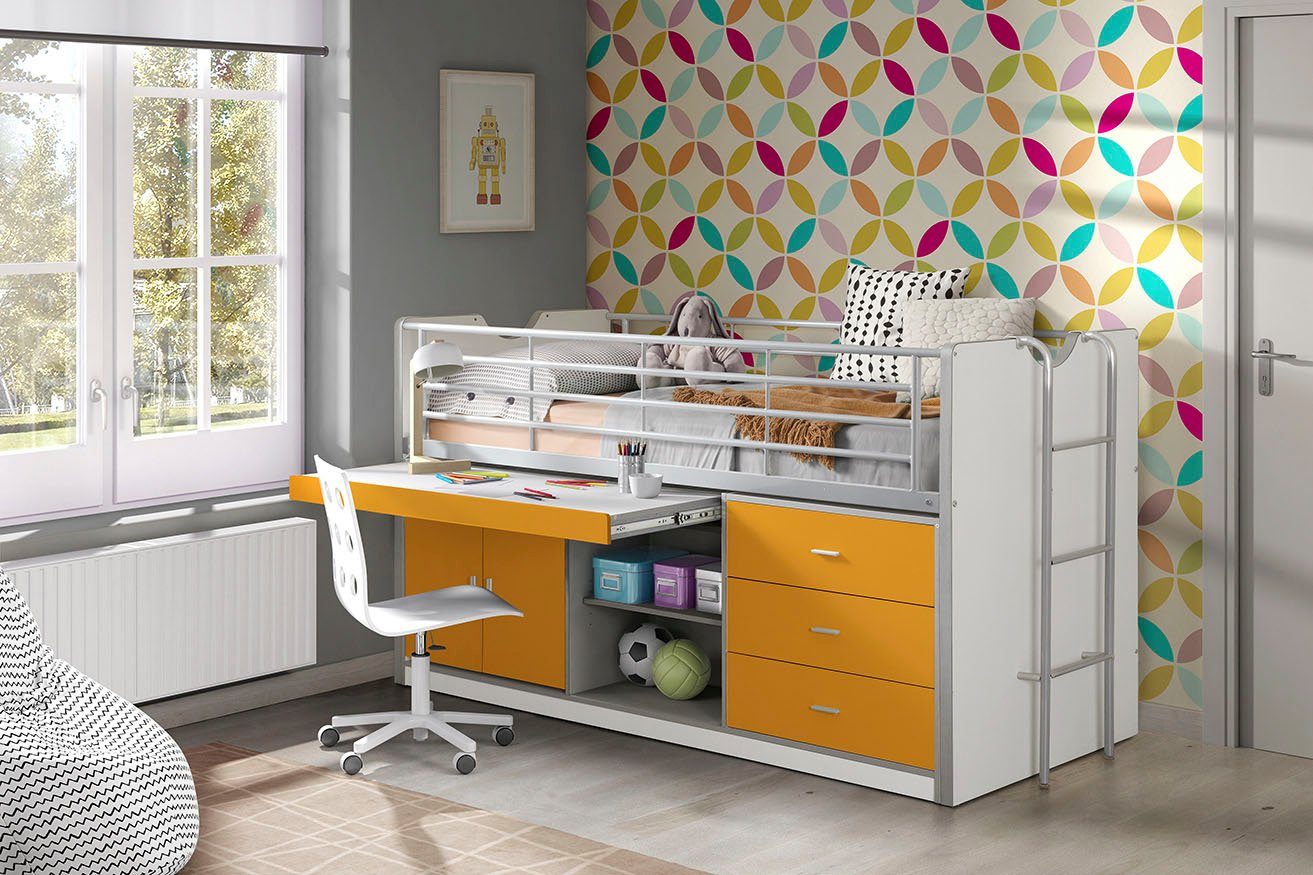 Vipack Hochbett Bonny, mit zeitloser Optik, super praktisch im Kinderzimmer (B/H/T ca. 207x116x96cm, Dekor Oberfläche, in verschieden Farben) mit großer Schreibplatte, Schubladen, Fächern, maximaler Stauraum