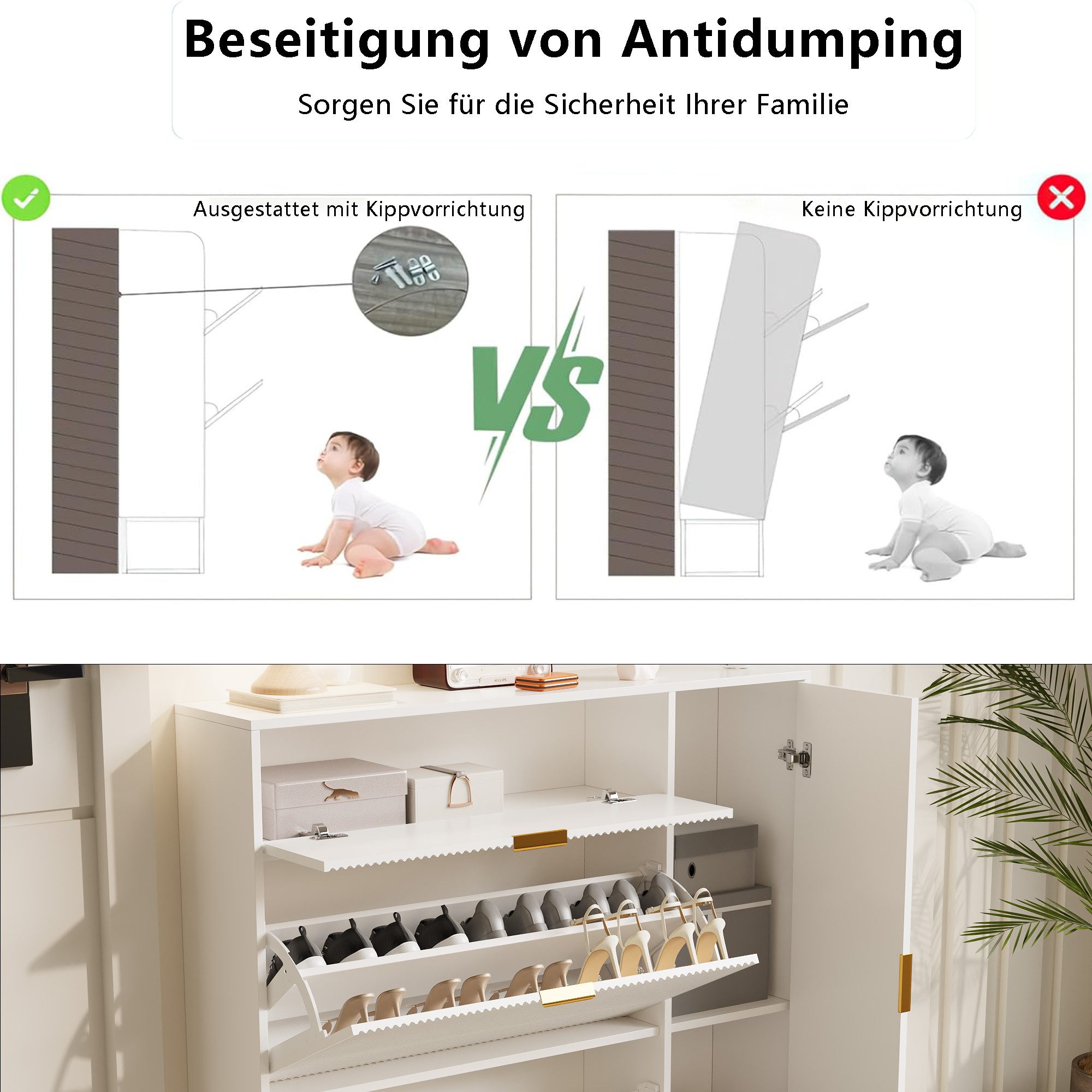 Simurq Schuhschrank Schuhkipper mit Verstellbare Klappen (1-St., für Flur Wohnzimmer Schlafzimmer,Weiß) Schuhkommode aus MDF, 80 x 24 x 118,5 cm – Bild 3 von 5