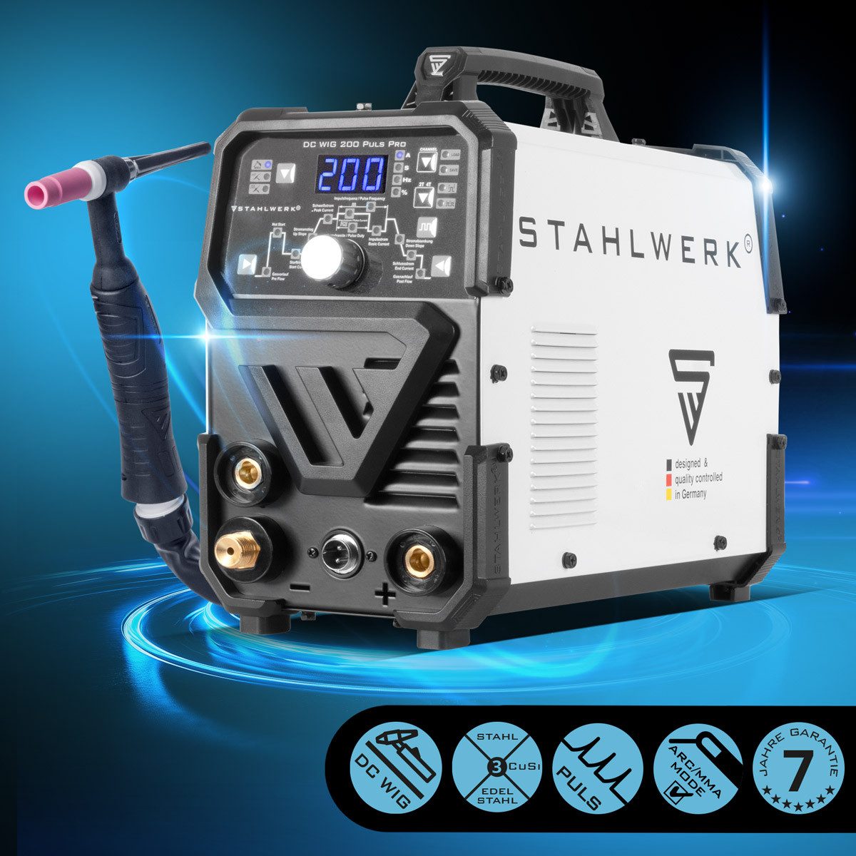 STAHLWERK Inverterschweißgerät DC WIG 200 Puls Pro Digital mit Pulsfunktion & MMA, 10 - 200 A, Packung}, 7-tlg., Einzelgerät, Digitales Profi WIG Schweißgerät mit MMA E-Hand und Pulsfunktion