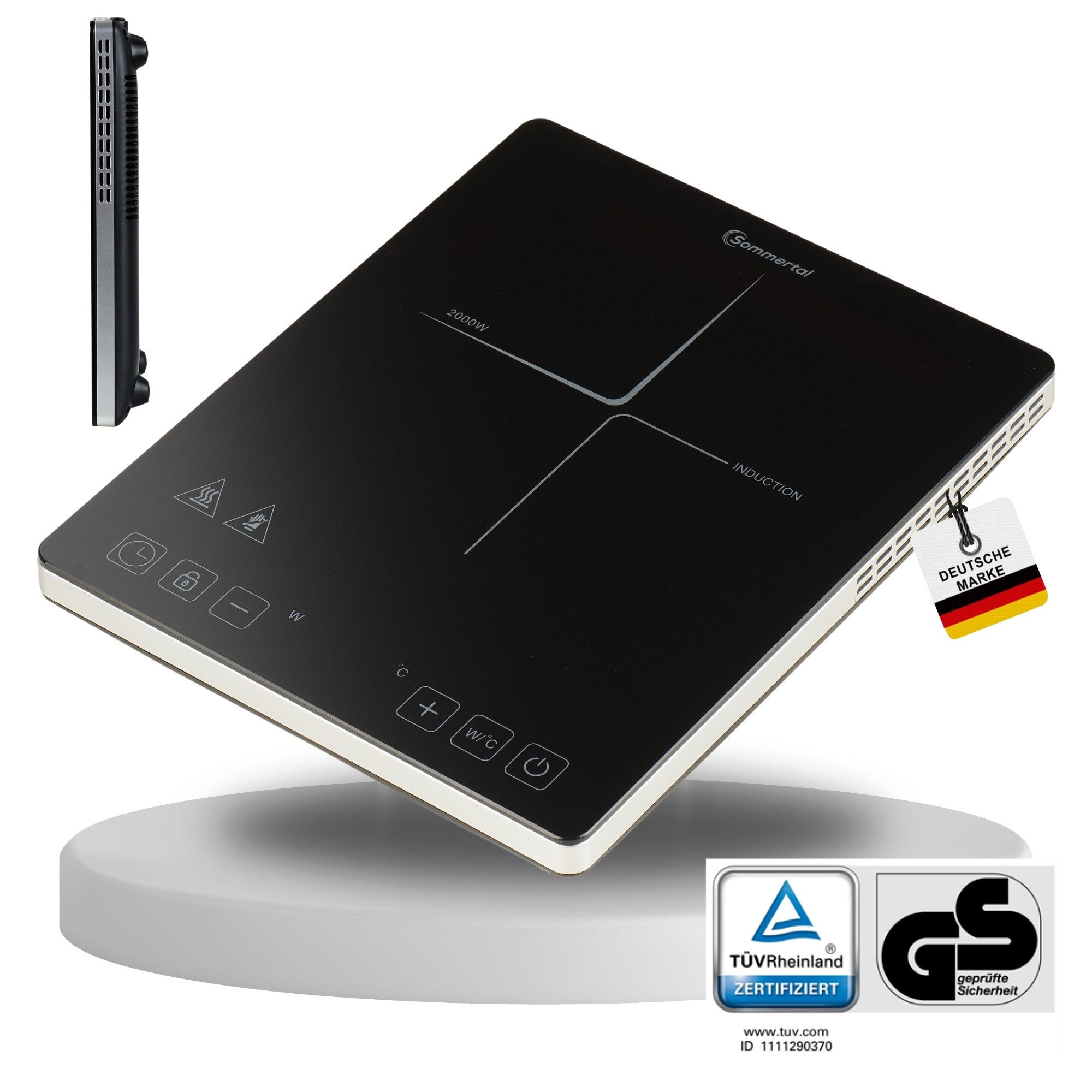 Sommertal Einzel-Induktionskochplatte Sommertal Induktionskochfeld 1 Platte 2000W Tragbar Super-Slim Design, mit 4h Timer, Touch, Kindersicherung, Profi Induktionskochplatte