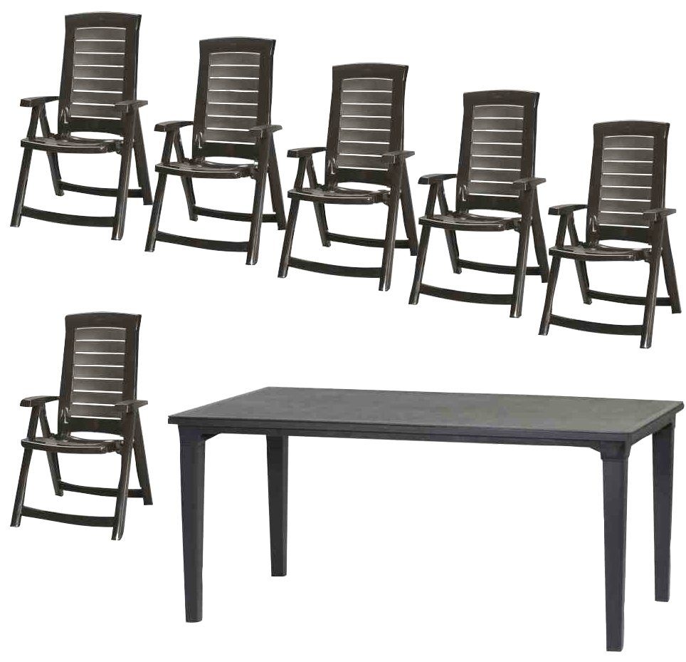 Jardin Garten-Essgruppe Aruba, (7-tlg., 6x Klappsessel, 1x Tisch 165x95cm), Kunststoff, verstellbar, klappbar, geeignet für 6 Personen