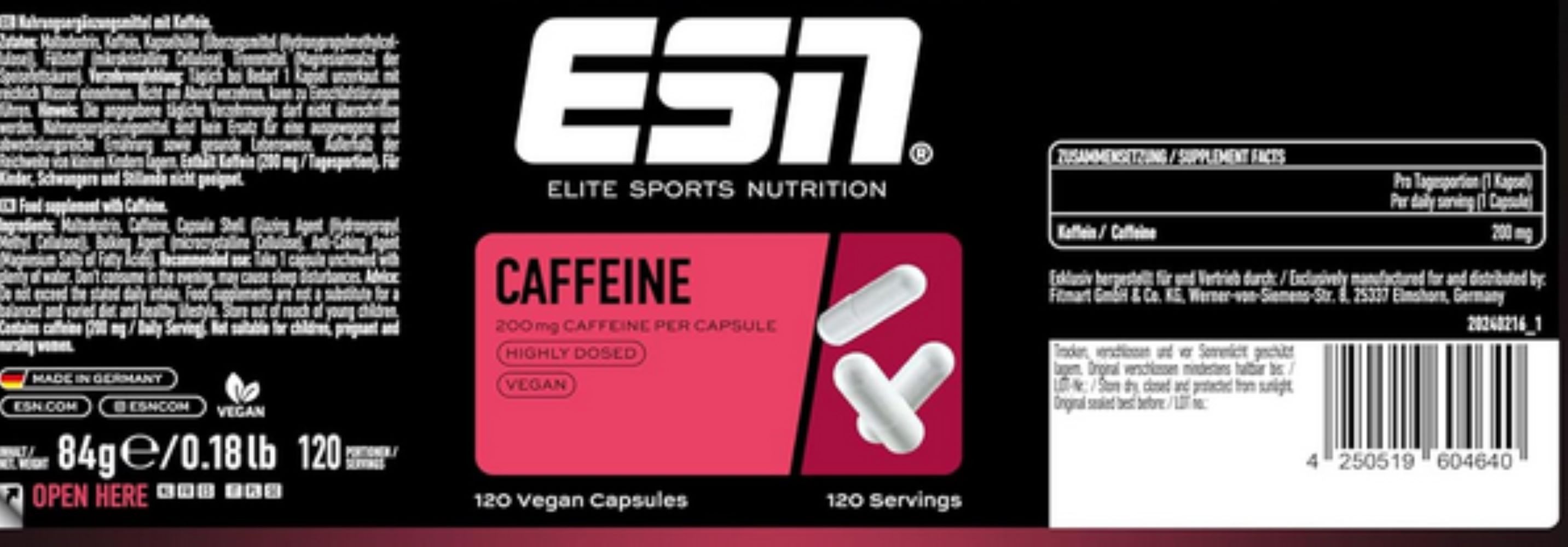 ESN ESN Caffeine 120 Caps 200mg Koffein Kapseln Kapseln, 84 g, Vegan – pflanzliche Kapselhülle (HPMC)