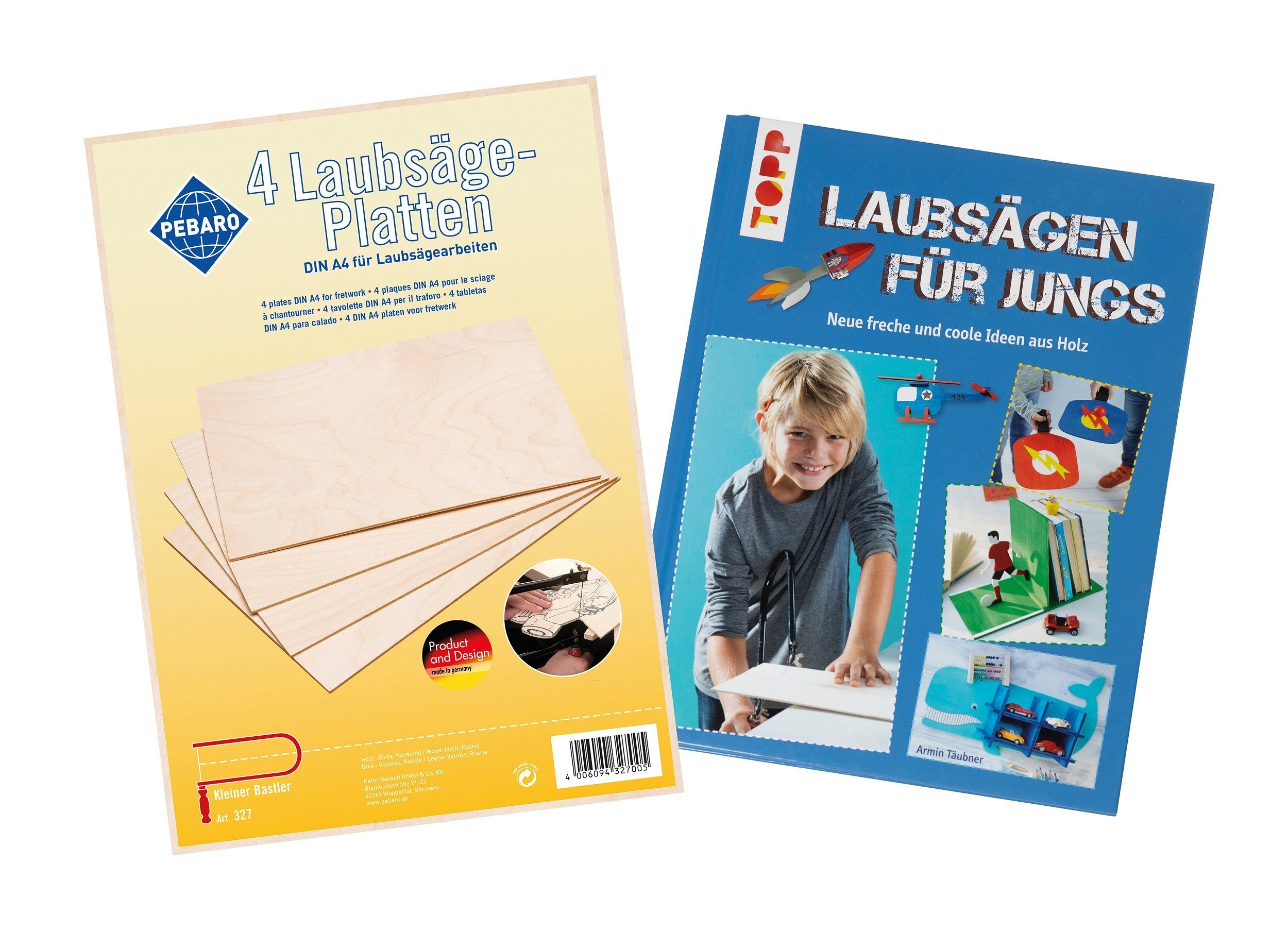 Pebaro Kreativset 4 Laubsägeplatten aus Birkenholz mit Laubsägebuch, 327/BUCH
