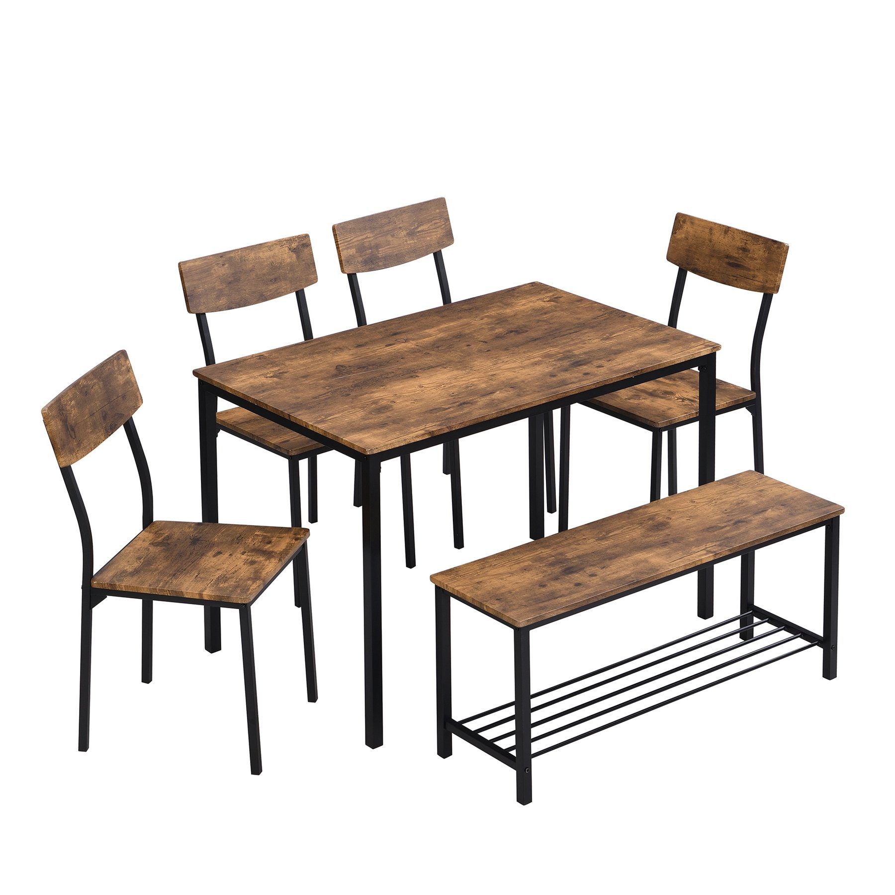 Celya Esszimmerstuhl Esstisch Stuhl und Stil 6 Set 1*Tisch+4*Stühle+1*Schemel, Stahlrahmen,Küche Holz Esstisch Set, Industrie Bank