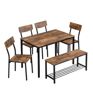 Celya Esszimmerstuhl Esstisch Stuhl und Bank Set 6 Holz Stahlrahmen,Küche Esstisch Set, 1*Tisch+4*Stühle+1*Schemel, Industrie Stil