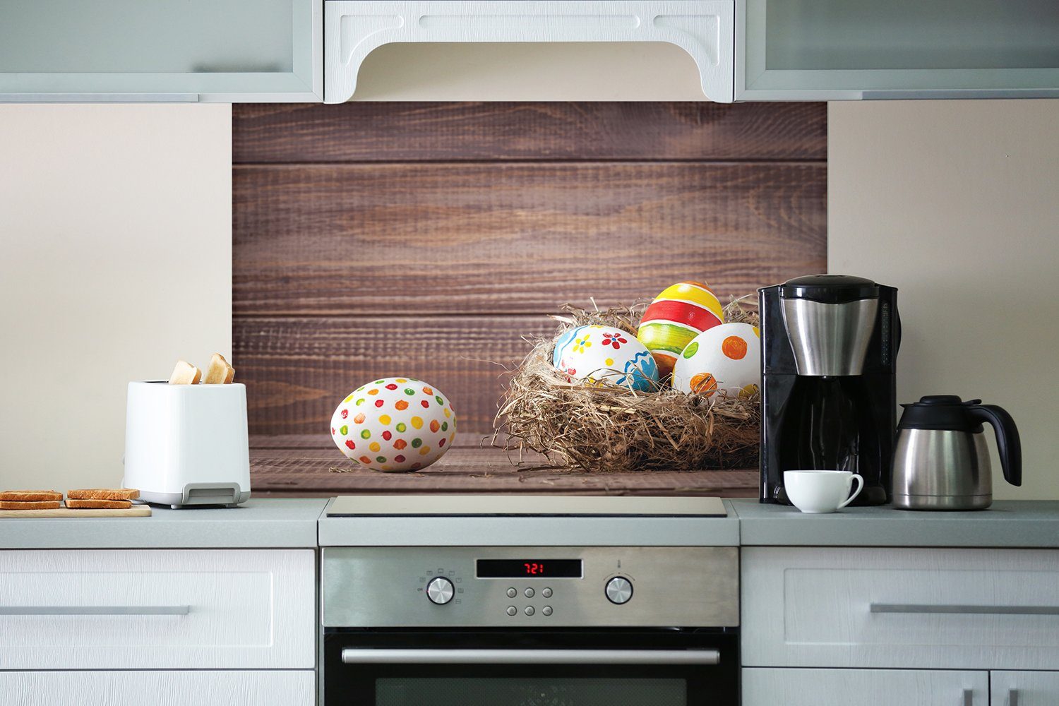 hölzerner Wallario Ostern Vorgelnest Küchenrückwand im bemalte an Wand, vor Eier Bunte (1-tlg)