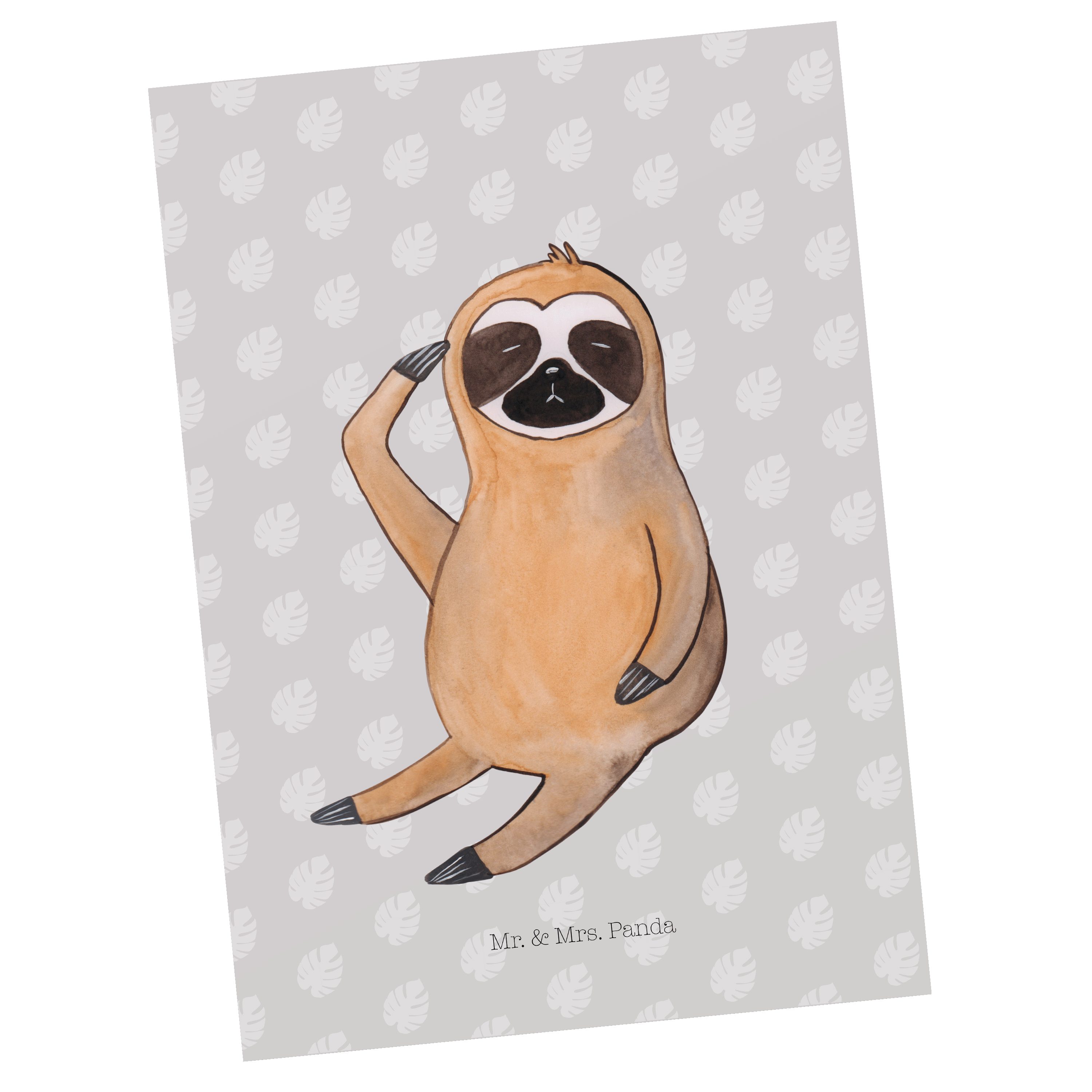 Mr. & Mrs. Panda Postkarte Faultier Vogel zeigen - Grau Pastell - Geschenk, Geburtstagskarte, Fr