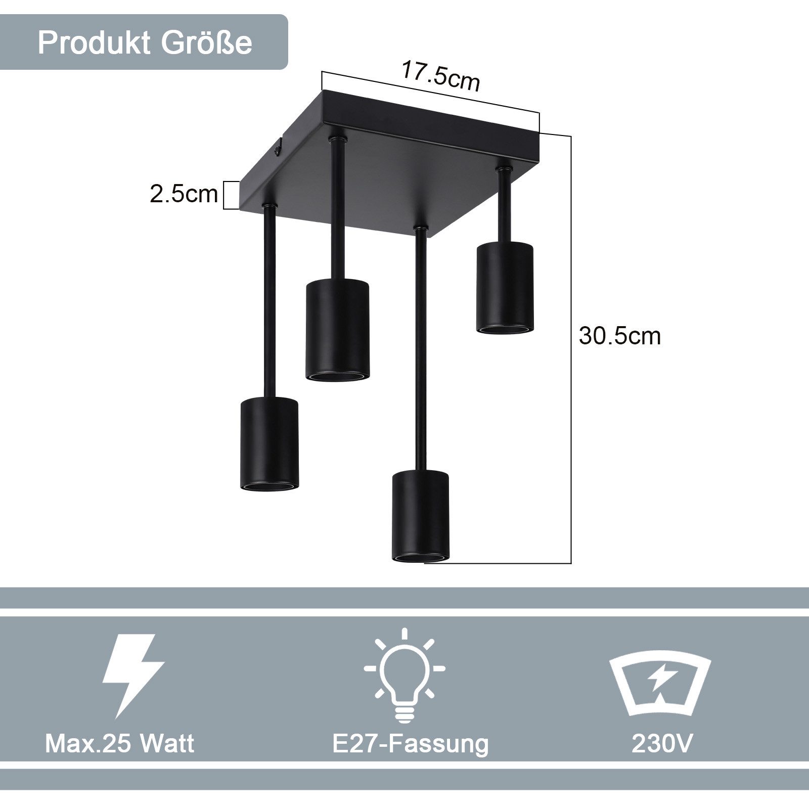 ZMH Deckenleuchten Wohnzimmer Schwarz E27 Retro Hängend Deckenlampe für küche Flur, Bedienungsanleitung, ohne Leuchtmittel, 4 Flammig Industrial Küchenlampe