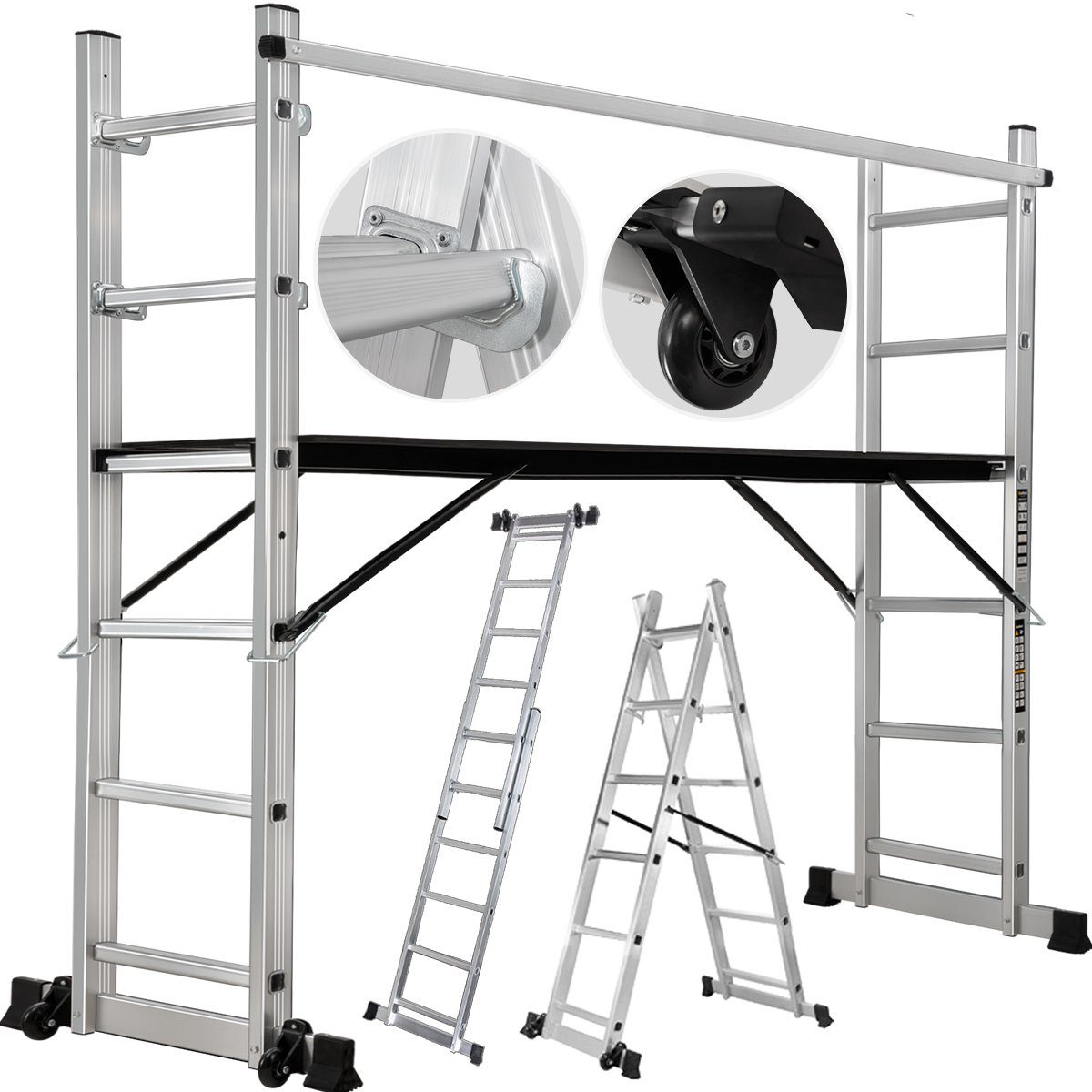 Craftfull Arbeitsgerüst 4in1 Leitergerüst CF-103A - 3 J. Garantie - Mehrzweckleiter Aluminium, (1.68 m - 1.95 m - 150 kg Traglast - Alu Stehleiter bis 150 kg - Doppelhohlkehlenprofil - Anlegeleiter - Gelenkleiter - Stehleiter - Trittleiter - Wandleiter - Bockleiter - Anlegeleiter - Haushaltsleiter - Stufen Leiter - Arbeitsleiter - Klappleiter - Sicherheitsleiter - Ausziehleiter - Multifunktionsleiter - Teleskopleiter, 1 St., Anti-Rutsch-Profil - Gummierte Standfüße - Alu & Holz), Gerüst Multigerüst mit Rollen - Arbeitsplattform Arbeitsbühne