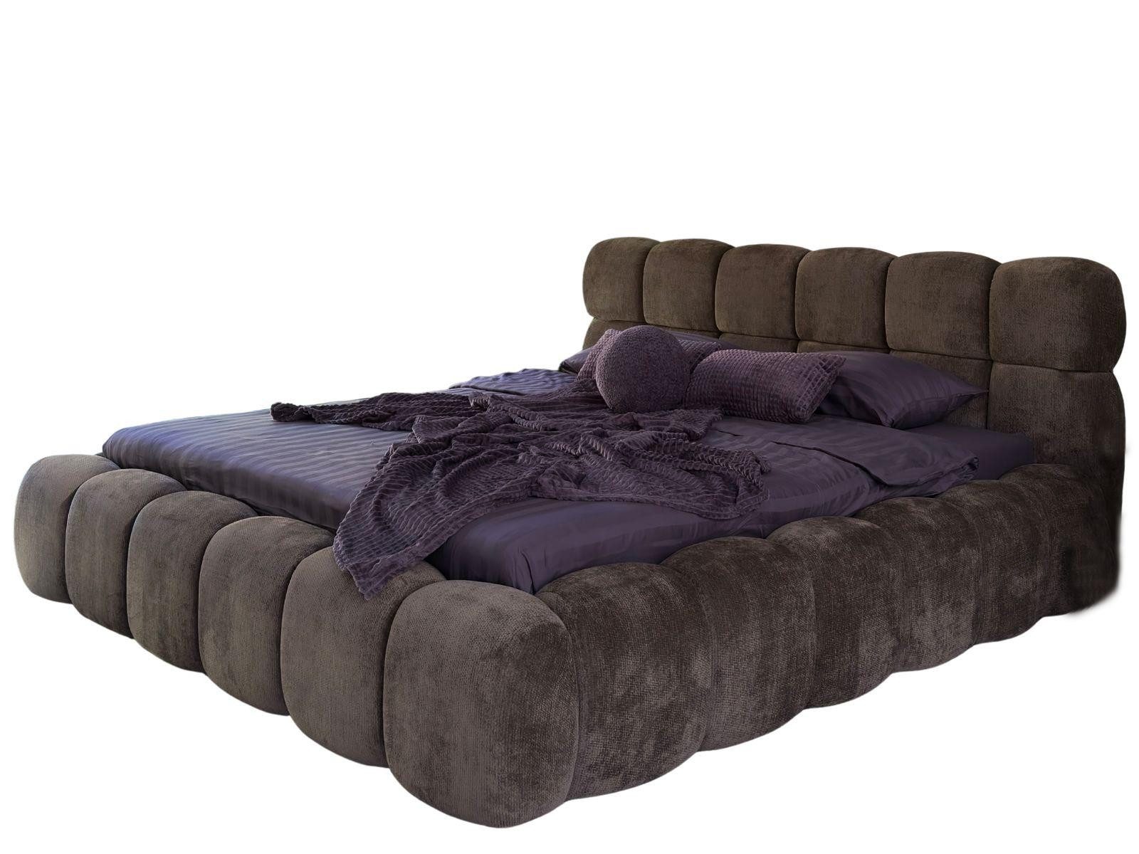 Compleo Polsterbett ELVA im Wolken-Look mit Bettkasten und hohem, weichem Kopfteil (Chenille-Stoff), 140 × 200 cm, Chenille-Stoff in Braun, mit Holz-Lattenrost – Bild 2 von 5