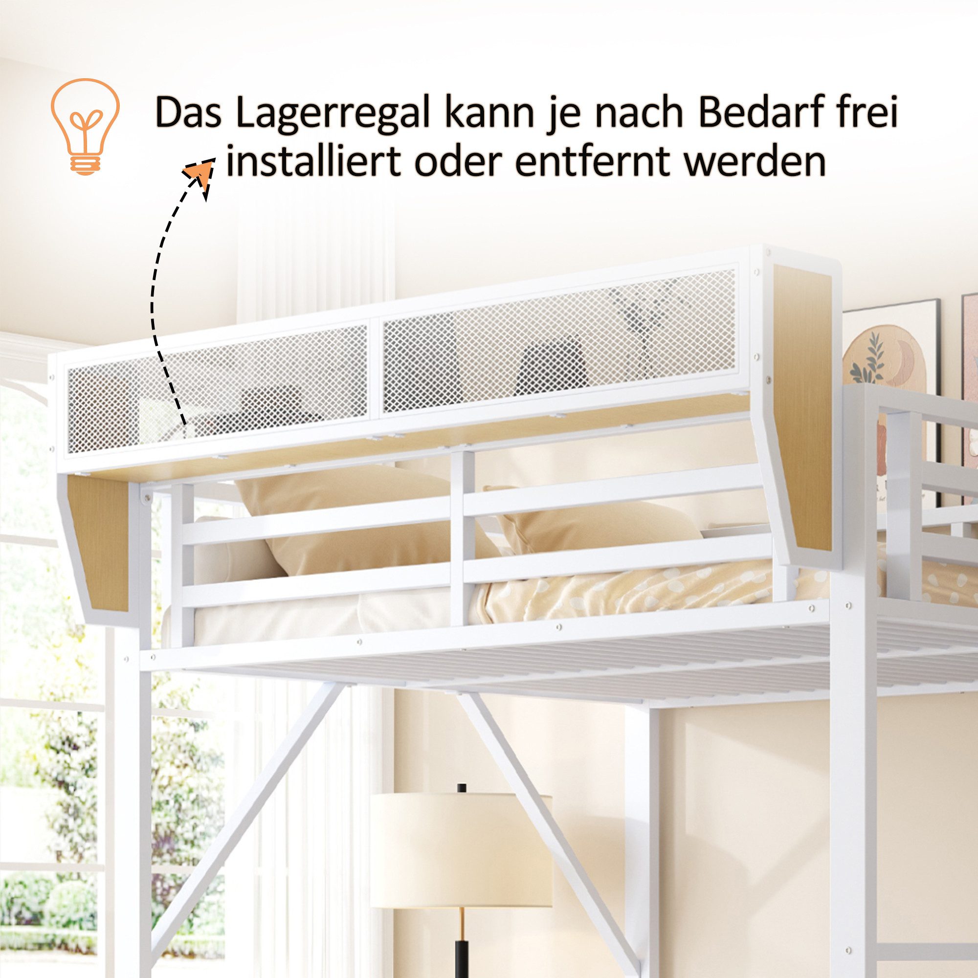 MODFU Hochbett Metallbett mit LED-Beleuchtung, Ablagefach, Jugendbett (140x200cm, mit Kleiderstange, Stoffschublade und abnehmbarem Ablagekorb, Stauraumbett Kinderbett) ohne Matratze