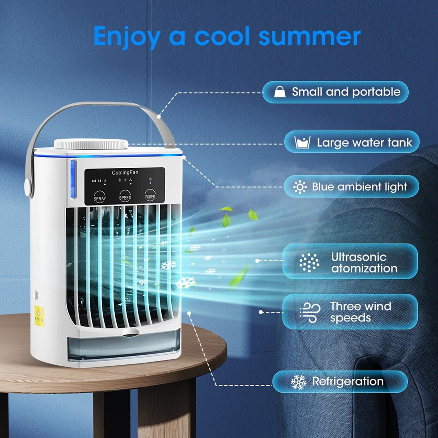 MOPUEA Ventilatorkombigerät Tragbarer Luftkühler Klimaanlage Luftbefeuchter 500ML Wassertank, 4-in-1 Multifunktionales Luftkühlgerät