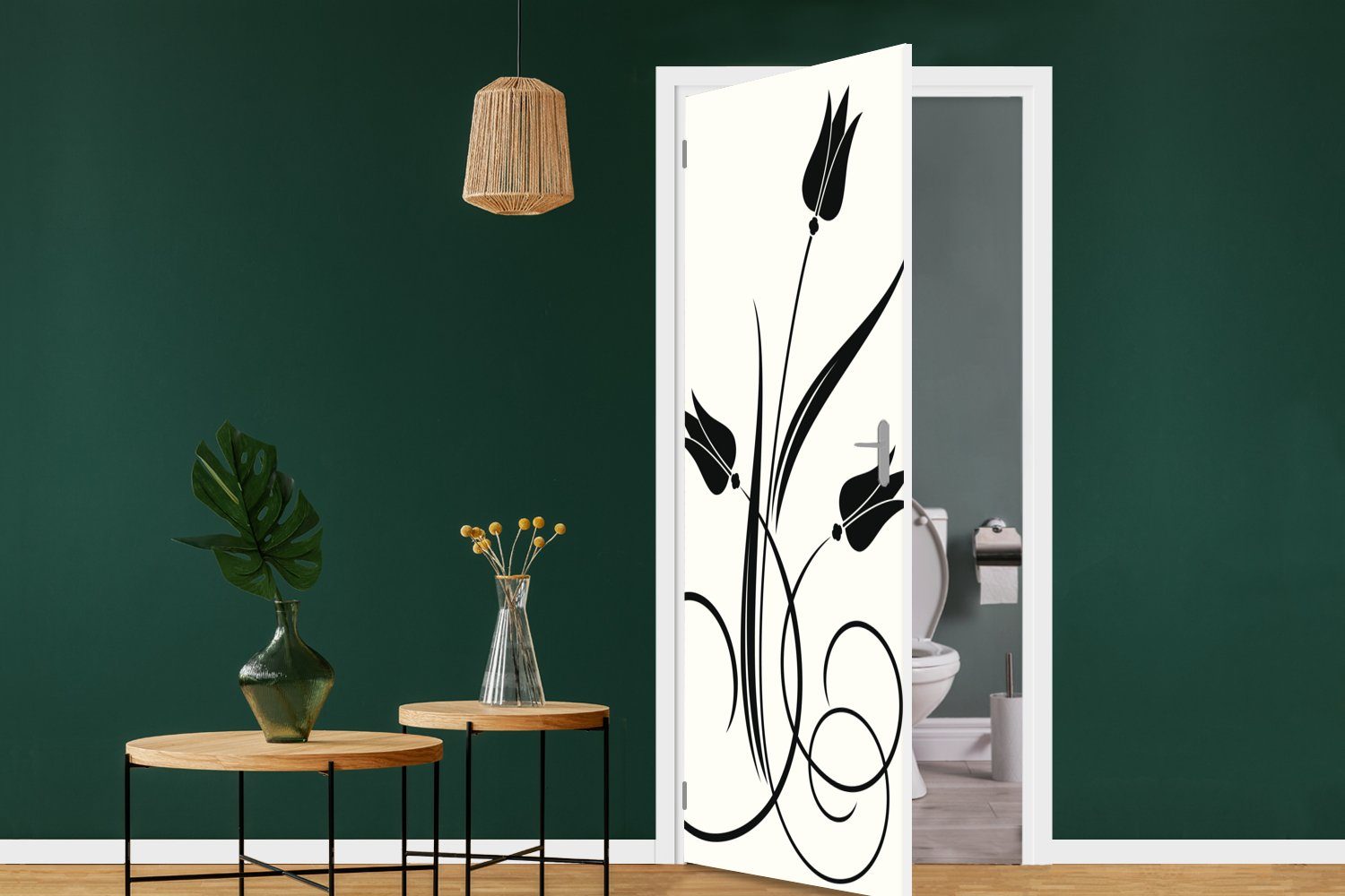 Matt, Tür, einem Hintergrund, Fototapete weißen bedruckt, MuchoWow Türtapete für Tulpen auf Illustration 75x205 cm von Eine Türaufkleber, St), schwarzen (1