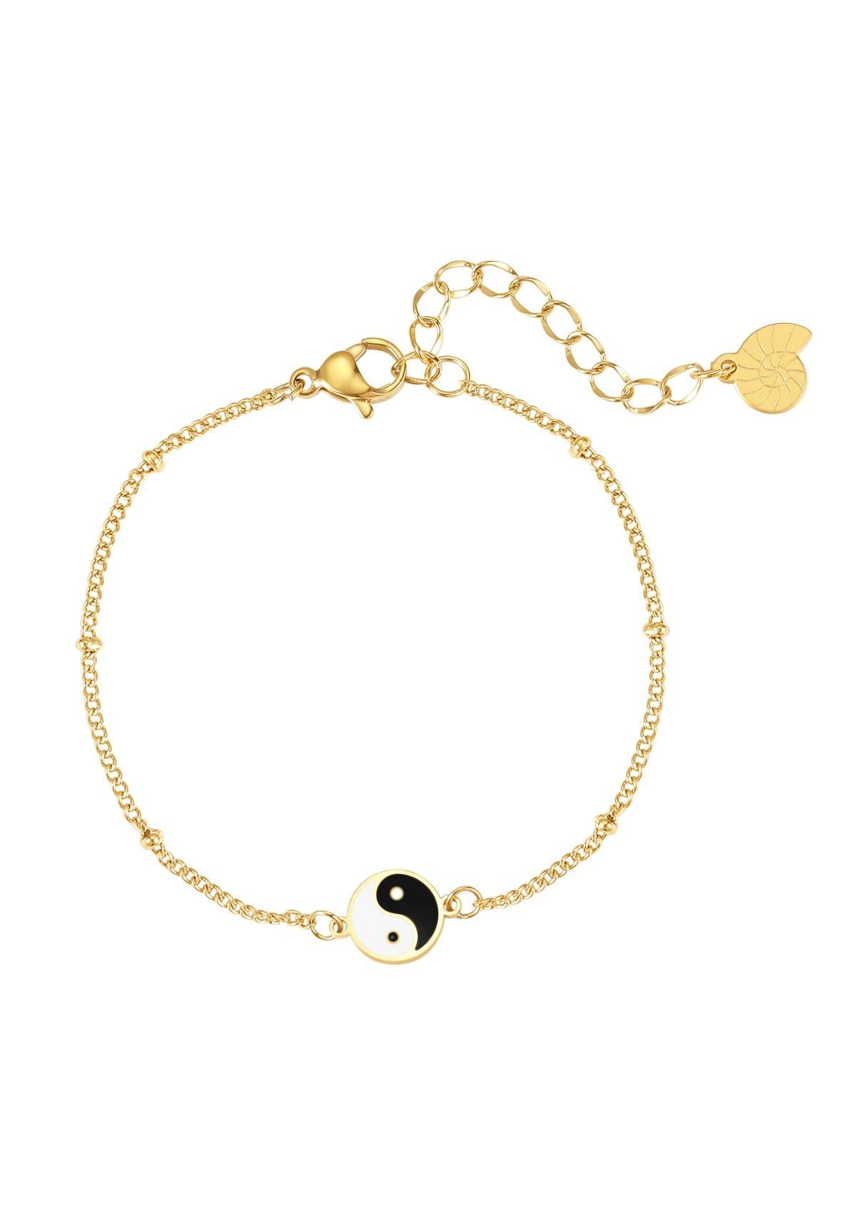 Hey Happiness Charm-Armband Kugel Edelstahl Yin Yang 18K Gold Roségold, Erbskette Yin Yang weiß schwarz, wasserfest
