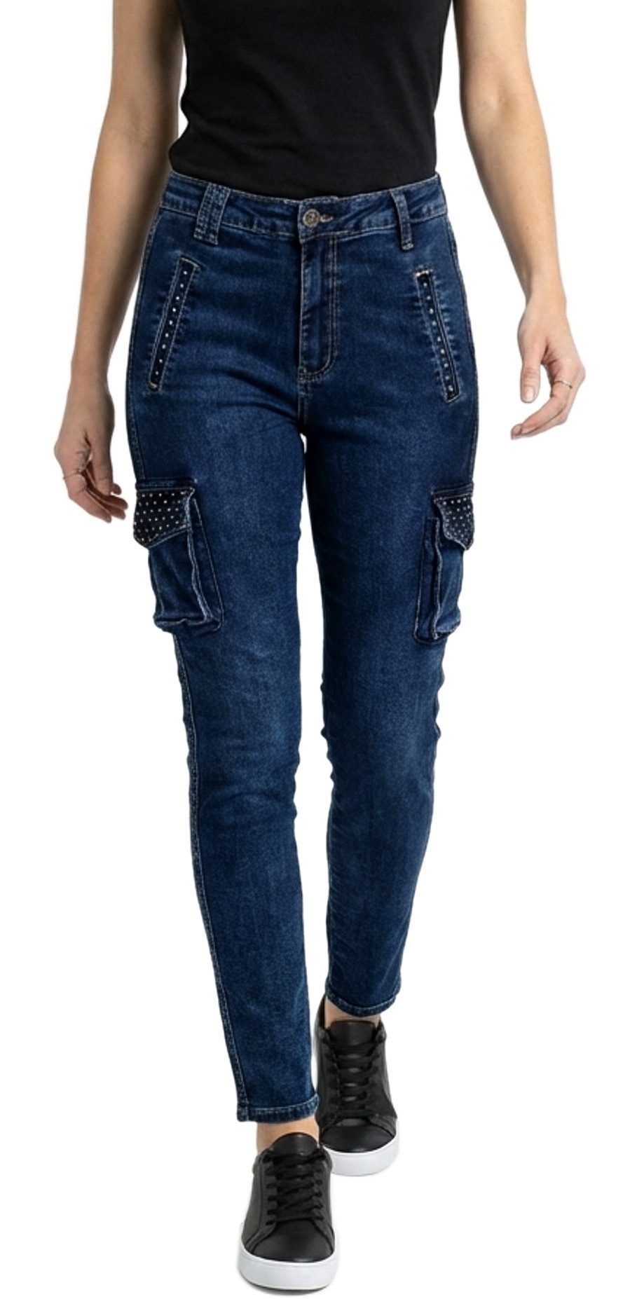 dy_mode Cargojeans Damen Cargo Jeans mit Nieten Röhrenjeans mit aufgesetzten Taschen Cargo-Taschen, Nieten