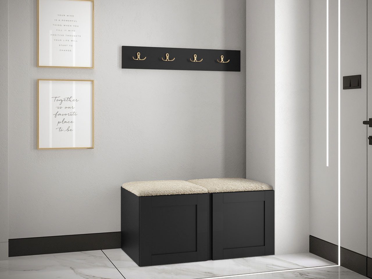 MIRJAN24 Garderoben-Set Orion Ramiro VI, (Schuhschrank, Kleiderhakenbrett, 2x Sitzpaneel 42x42), 4 Kleiderhaken für Kleidung, Metallgriffe