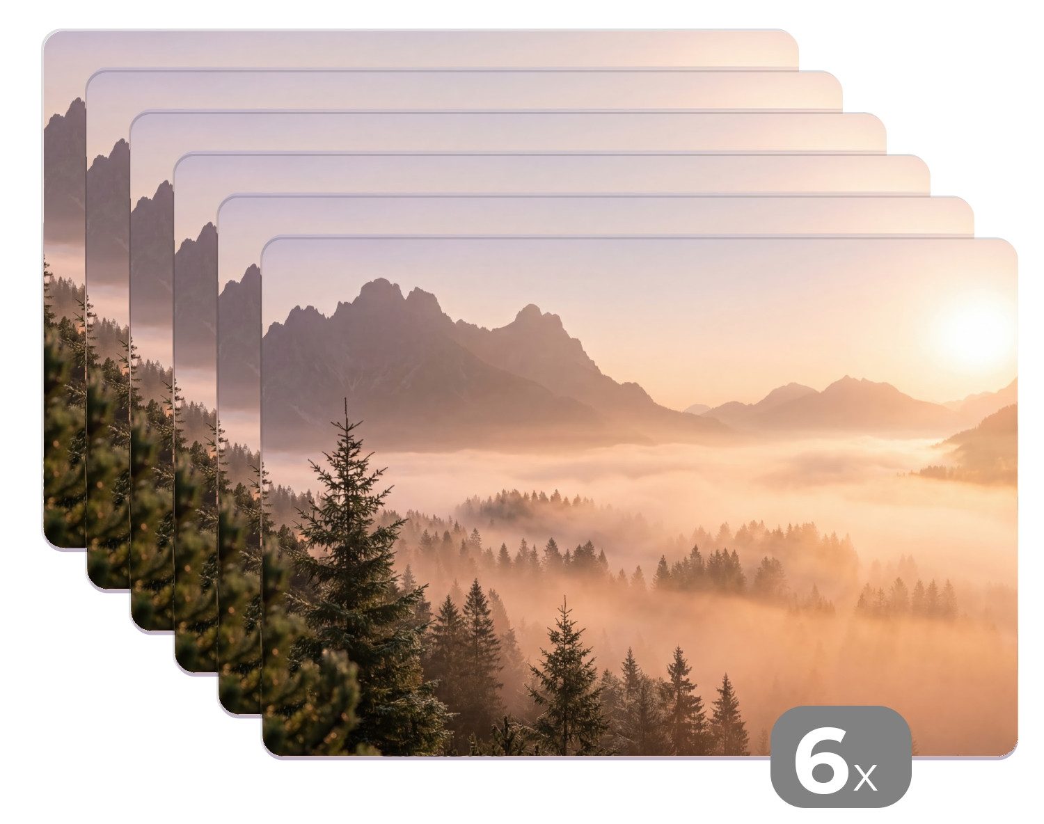 MuchoWow Platzset Sonnenlicht - Nebel - Berge - Bäume, (6-St), Platzsets, Tischset, Abwaschbar, Tischsets, Platzdeckchen