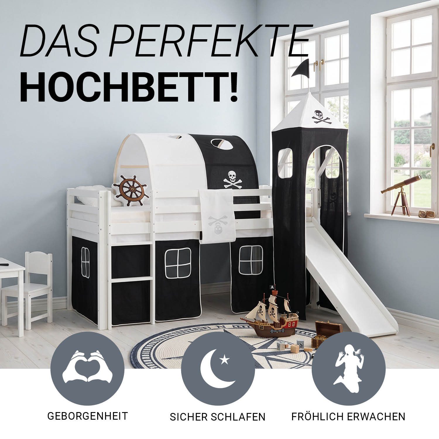 Homestyle4u Hochbett 90x200 cm Kinderbett Weiß mit Vorhang Kinder Treppe Leiter Kiefer Holz (Komplett-Set mit Lattenrost, mit Rutsche, mit Tunnel, mit Turm, Matratze mit OEKO-TEX® Standard 100) Pirat, Junge, Spielbett