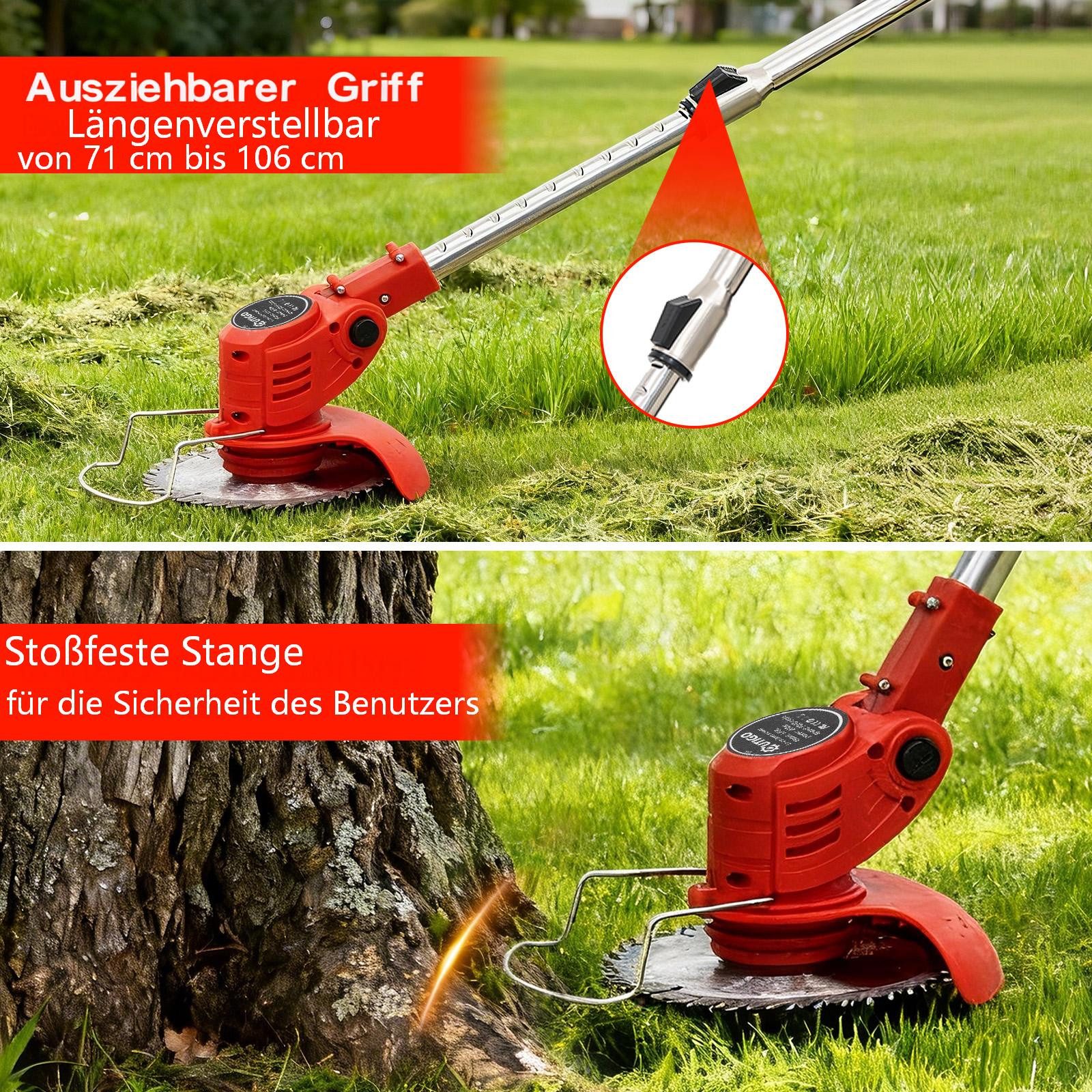 OUTIGO Akku-Rasentrimmer Akku-Rasentrimmer mit 3000mAh 21V Akku, Verstellbarer Teleskopstiel, 15 cm Schnittbreite, 4 Arten Klingen, Teleskop-Stiel/zusammenklappbar