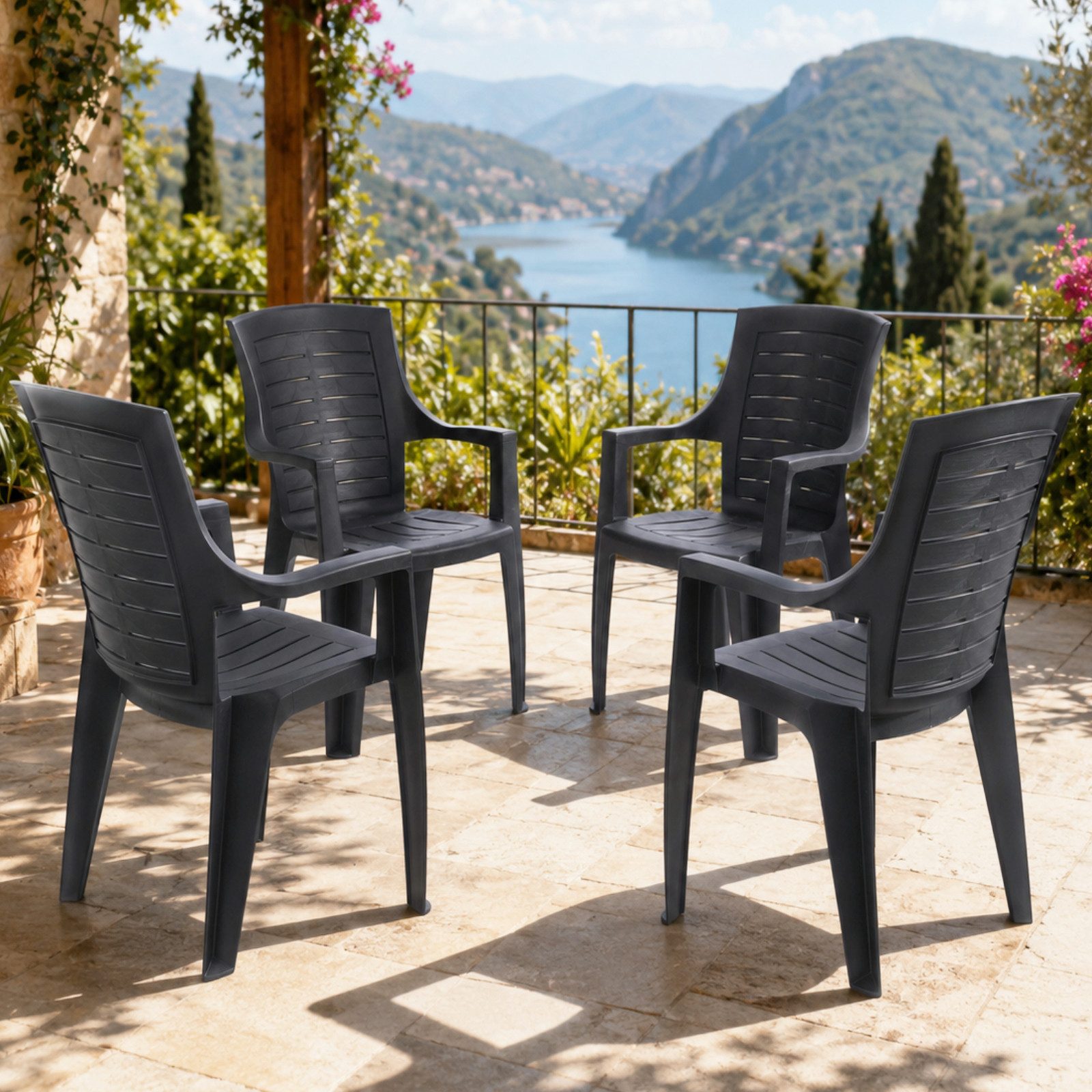 Progarden Gartenstuhl Kunststoff Schwarz 4 er Set (4 St), UV-Beständig, Robust, Wetterfest, Made in Italy, Hochwertig