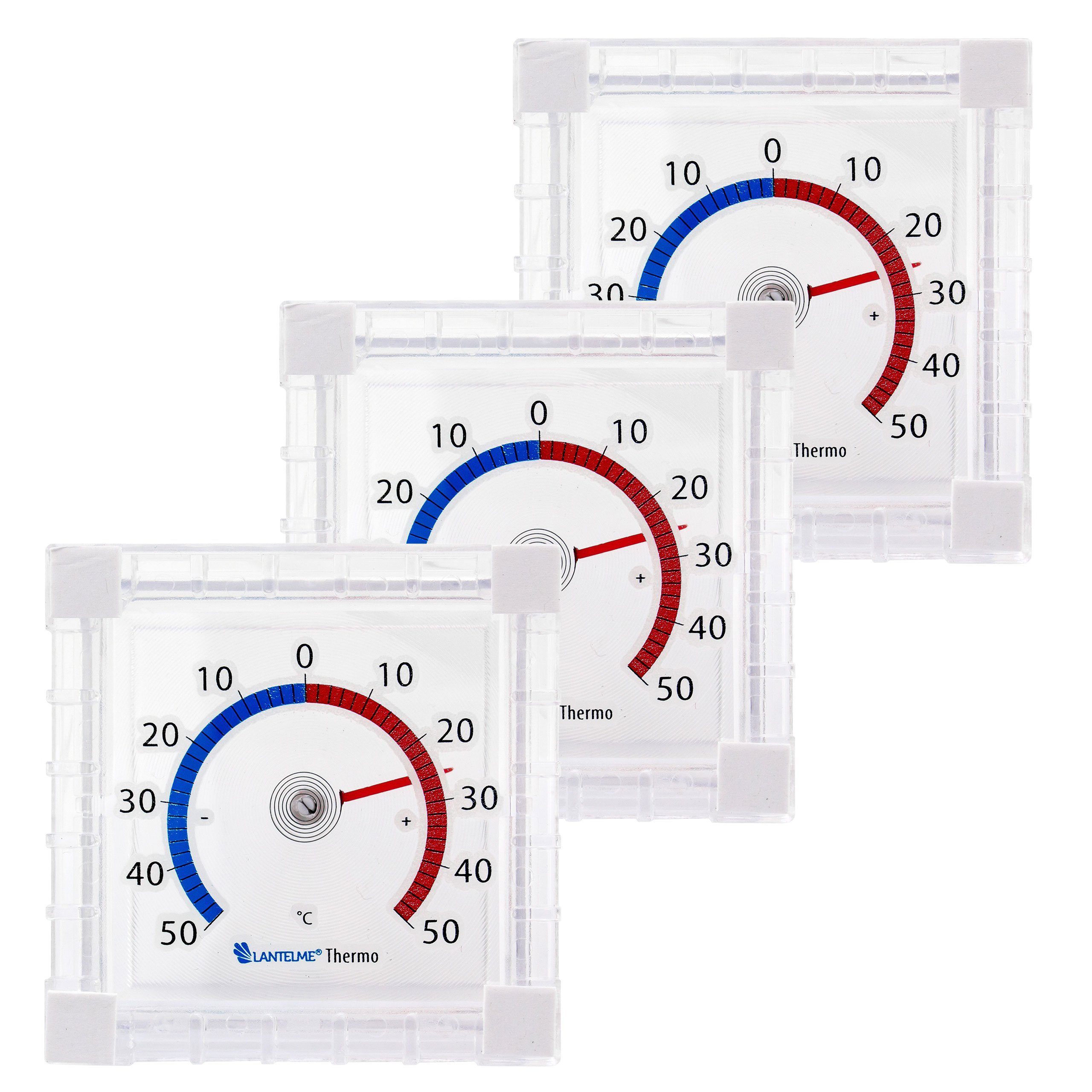 Lantelme Fensterthermometer für Fensterscheibe Fenster Außen Thermometer Analog, Spar-Set 3-tlg., 3 Stück mit Klebepads im Set, Selbstklebend, Justierbar, Temperatur +/- 50°C, Maße 7,5x7,5x2cm