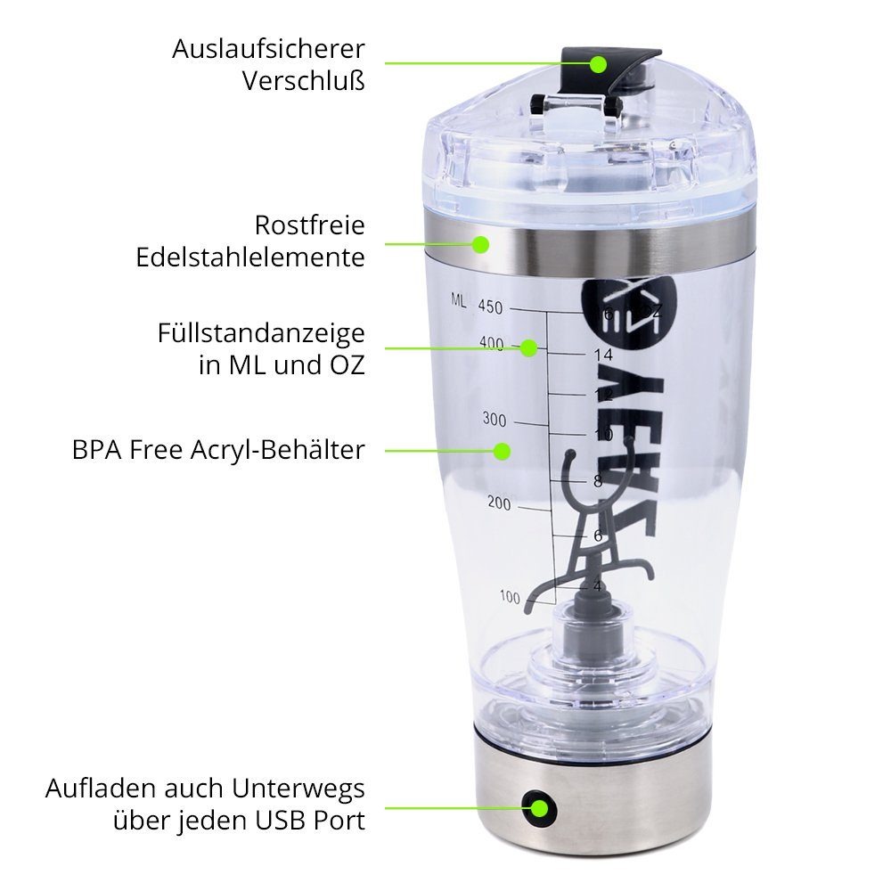 YEAZ Protein Shaker CYCLONE Elektrischer Mixer USB 450ml, Kunststoff, USB Mixer