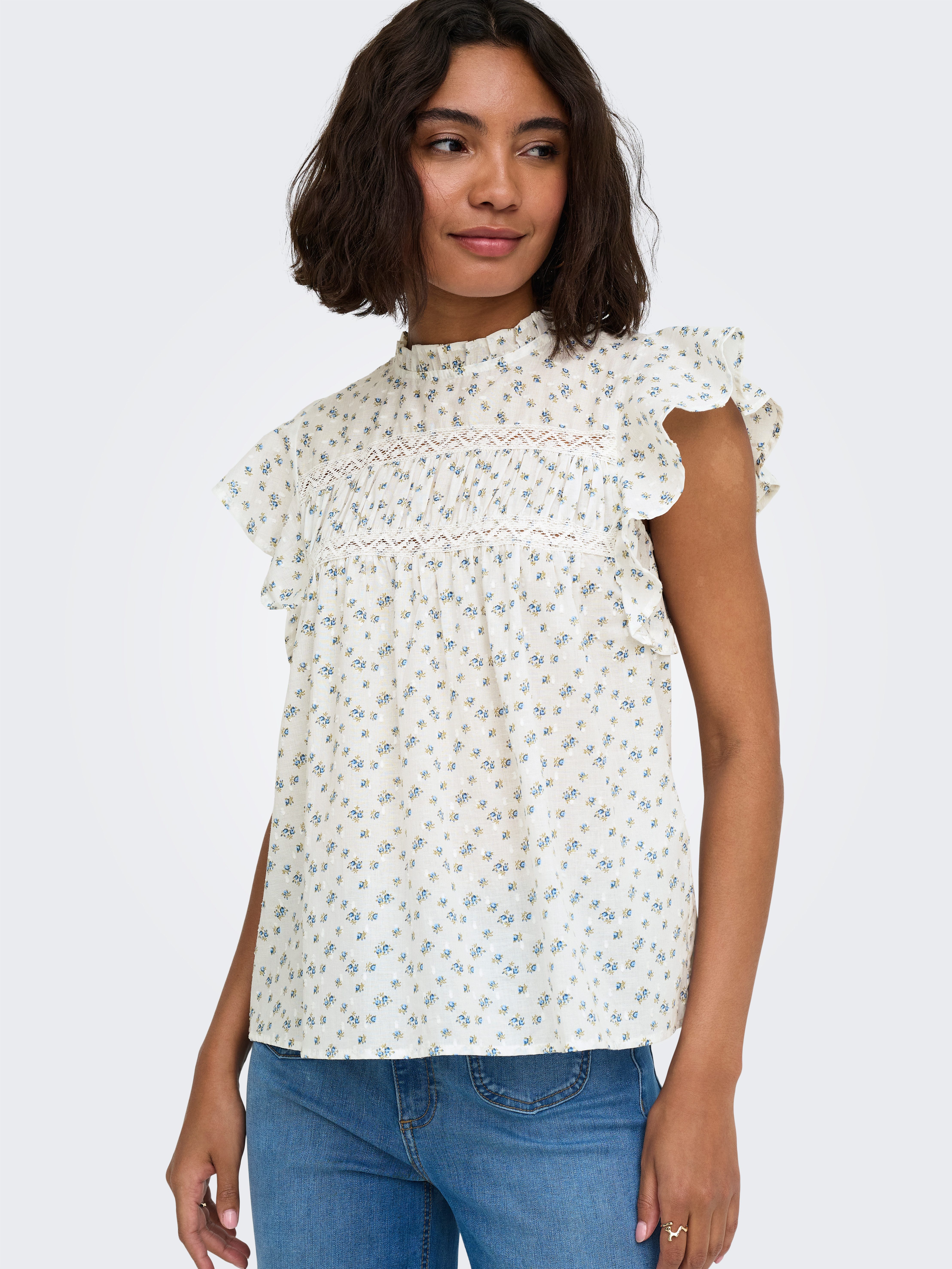 ONLY Rüschentop ONLKATTI S/S DOBBY TOP WVN NOOS Baumwolle, regular fit