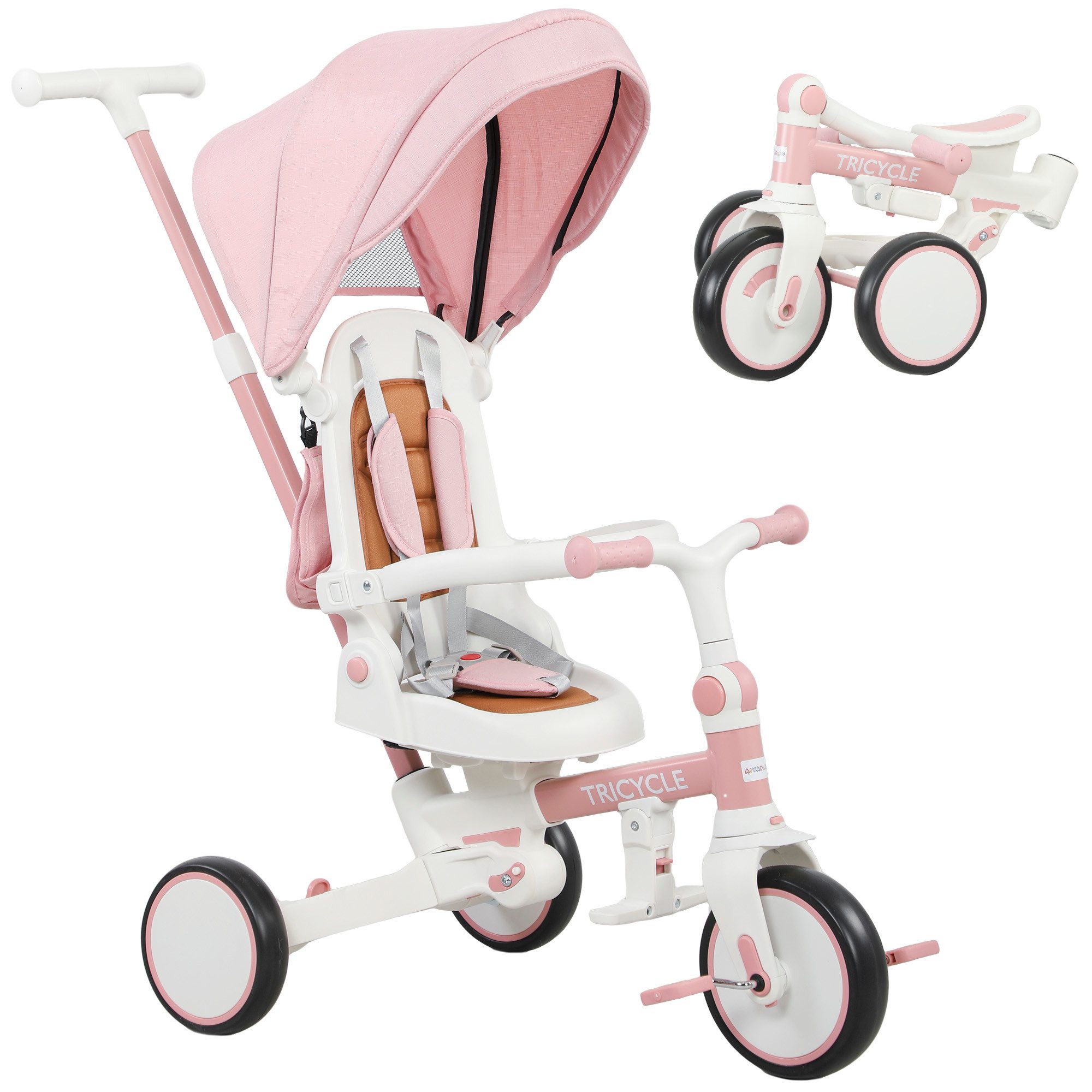 AIYAPLAY Dreirad 5-in-1 mit Schubstange Faltbar Kinderdreirad mit reversiblem Sitz, für 1-3 Jahre Rosa
