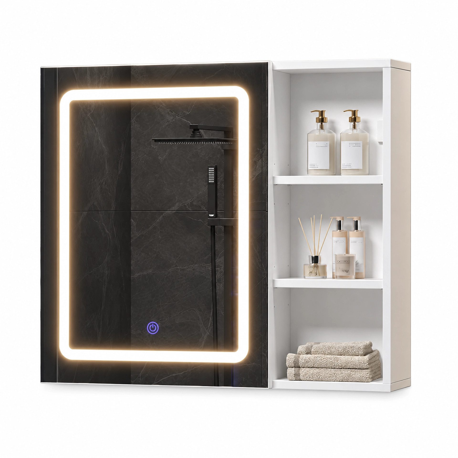 MSMASK Badezimmerspiegelschrank mit LED-Beleuchtung, HD-Spiegel, Touch-Schalter, 3 Lichtfarben (1-St) Spiegelschrank mit Steckdose und verstellbaren Regalen, 70 – Bild 3 von 5
