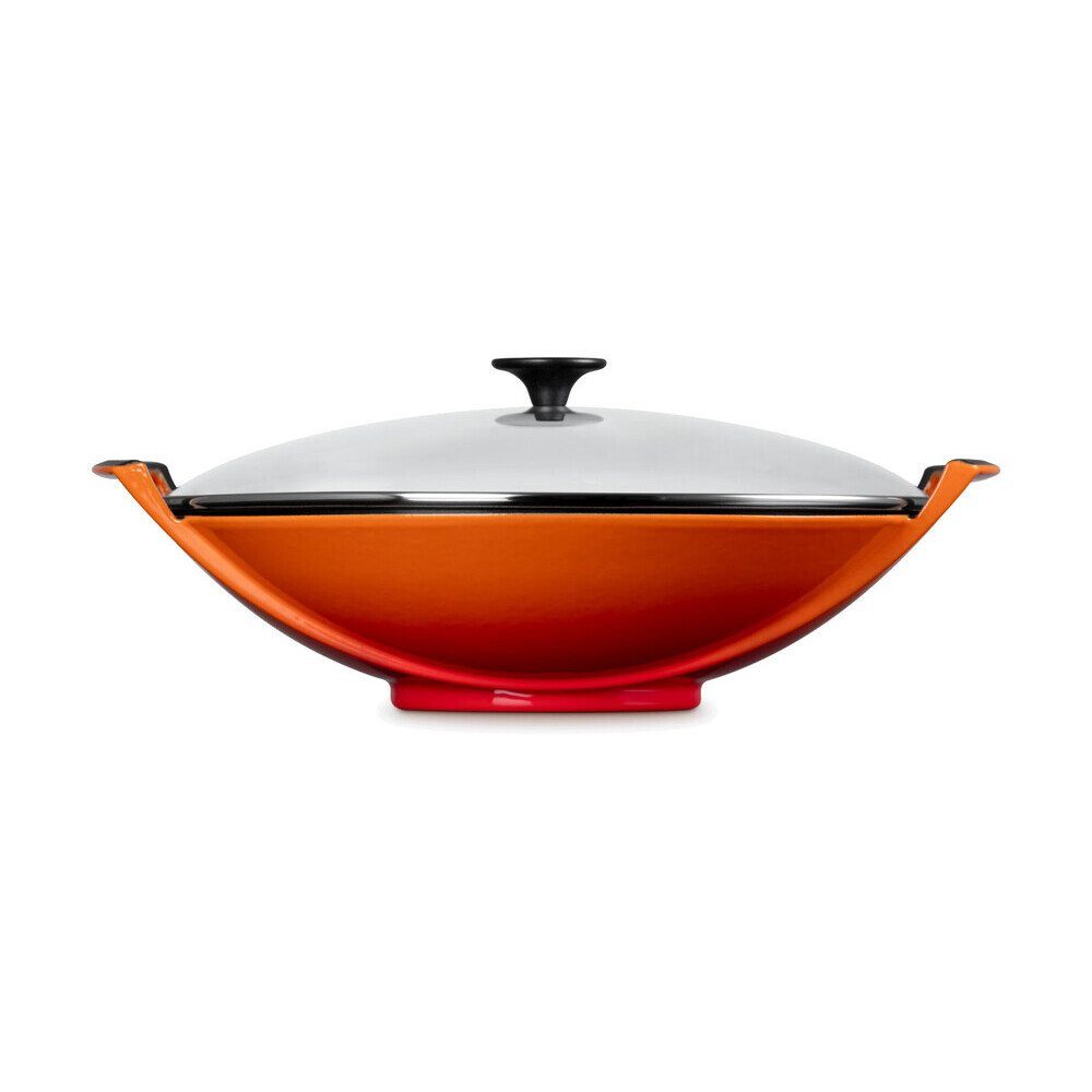LE CREUSET Wok Wok mit Glasdeckel 36 cm Ofenrot, 4,5l, Gusseisen, emailliert, rot, Handreinigung, backofengeeignet