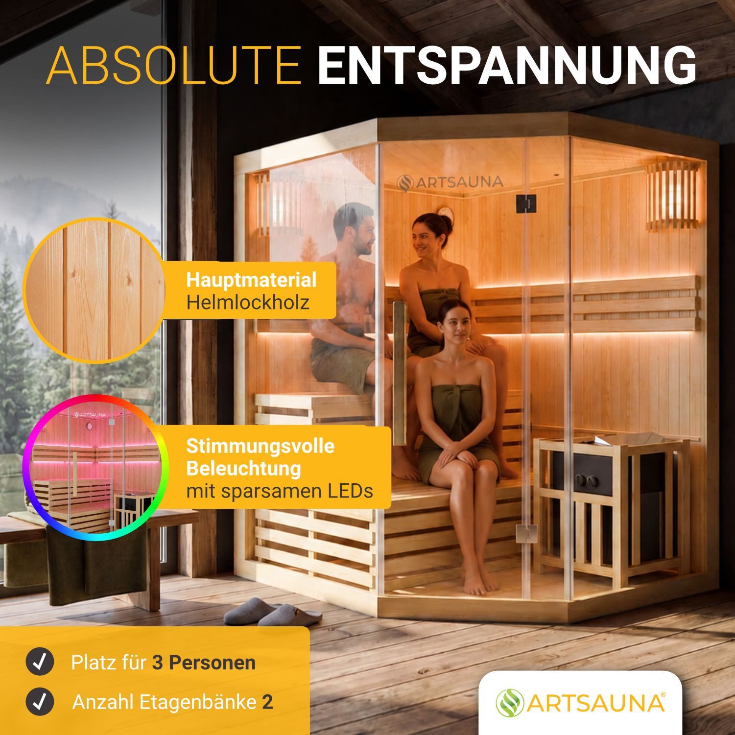 Artsauna Sauna Espoo150 Premium, 50 mm, für 3 Personen, Hemlock Holz, Saunaofen, Sanduhr, Thermo-Hygrometer