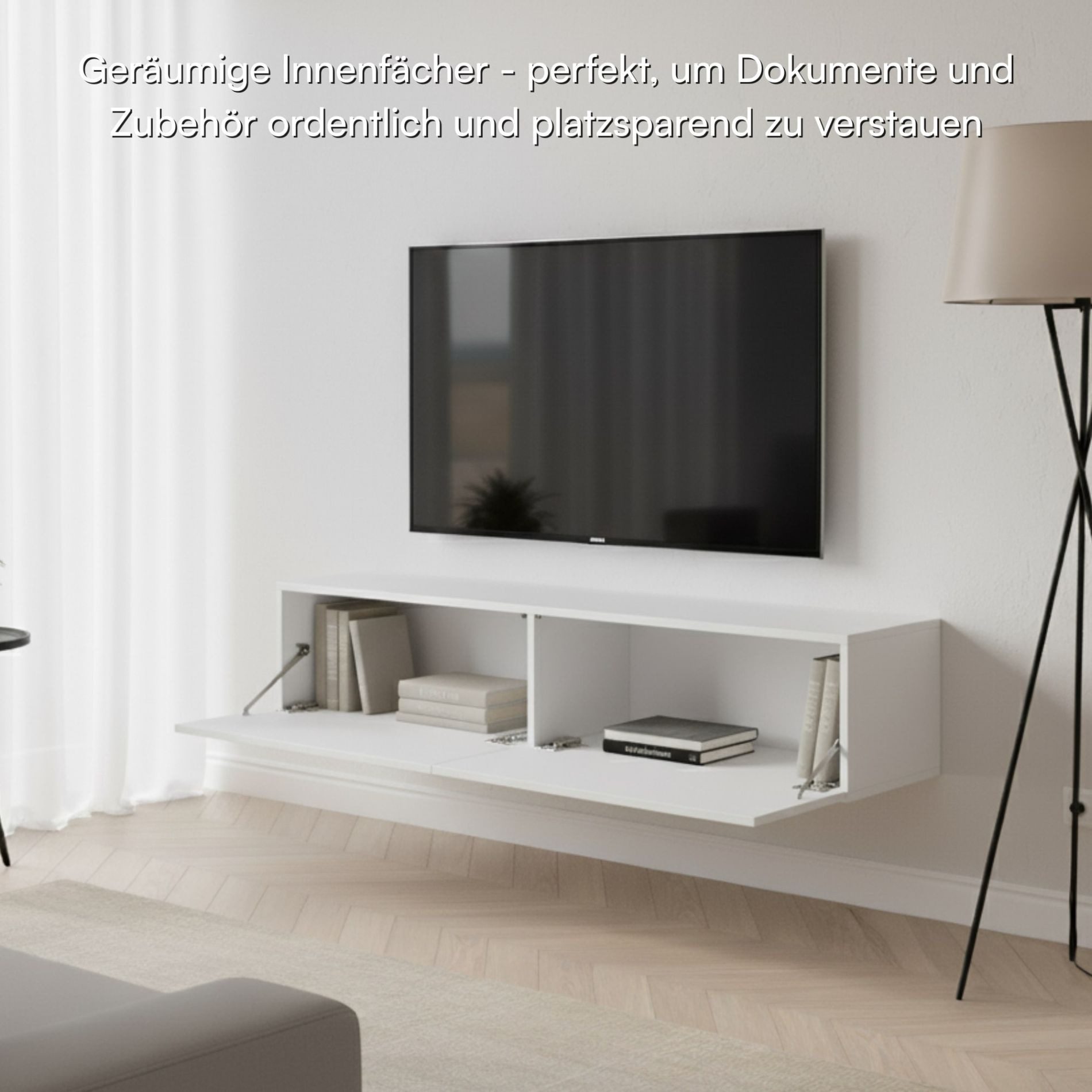 Selsey TV-Schrank VELDIO Kompaktes Hängeboard geriffelt, Push-to-Open, 140x30 cm, Matt – Bild 4 von 5