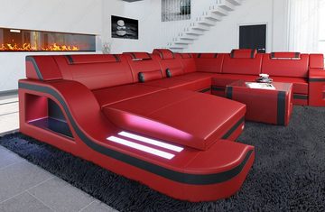 Sofa Dreams Wohnlandschaft XXL Ledersofa Palermo U Form Mini, Designersofa, Couch mit LED Licht und USB Anschluss